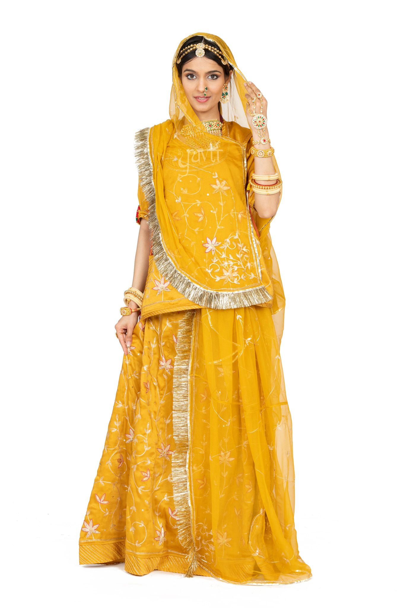 Mustard yellow bamber satin aari sequins handwork poshak with pure odhna