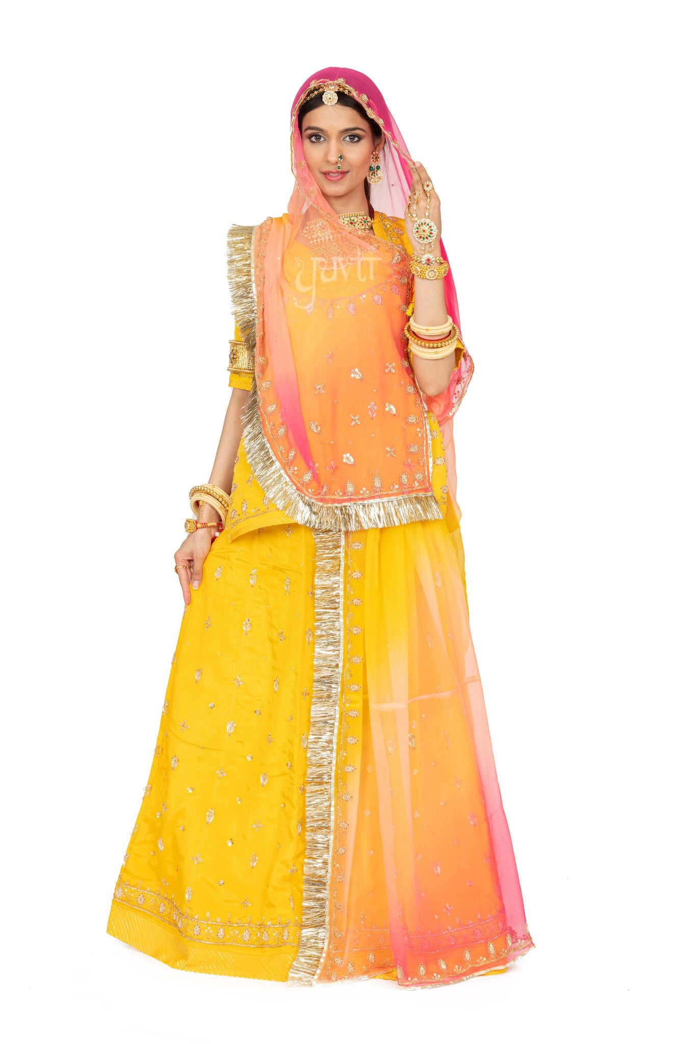 yellow bamber satin zardozi  handwork poshak with pure odhna