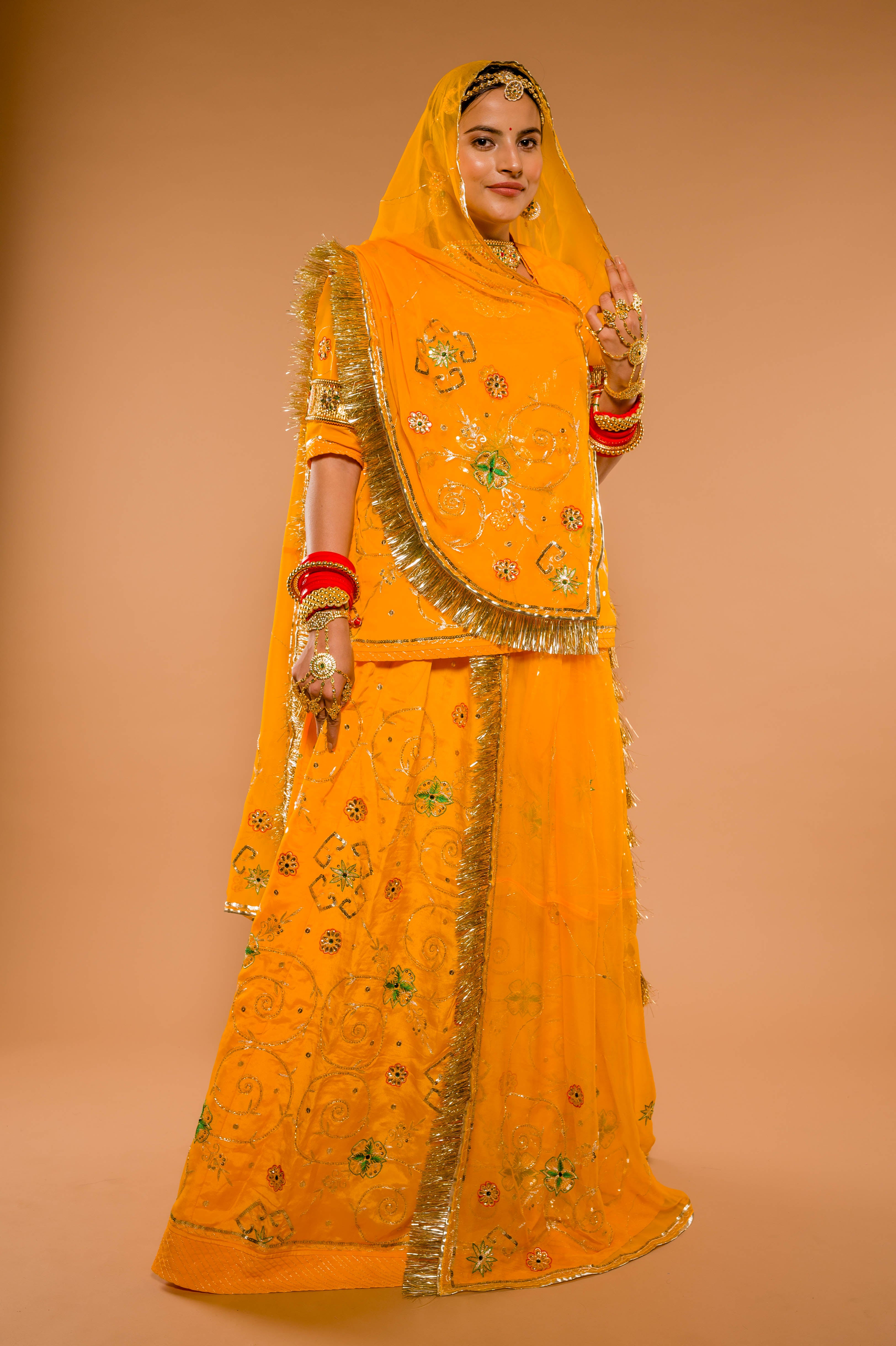 Yellow bamber satin aari resham kardana Handwork Rajputi Poshak  with Pure odhna