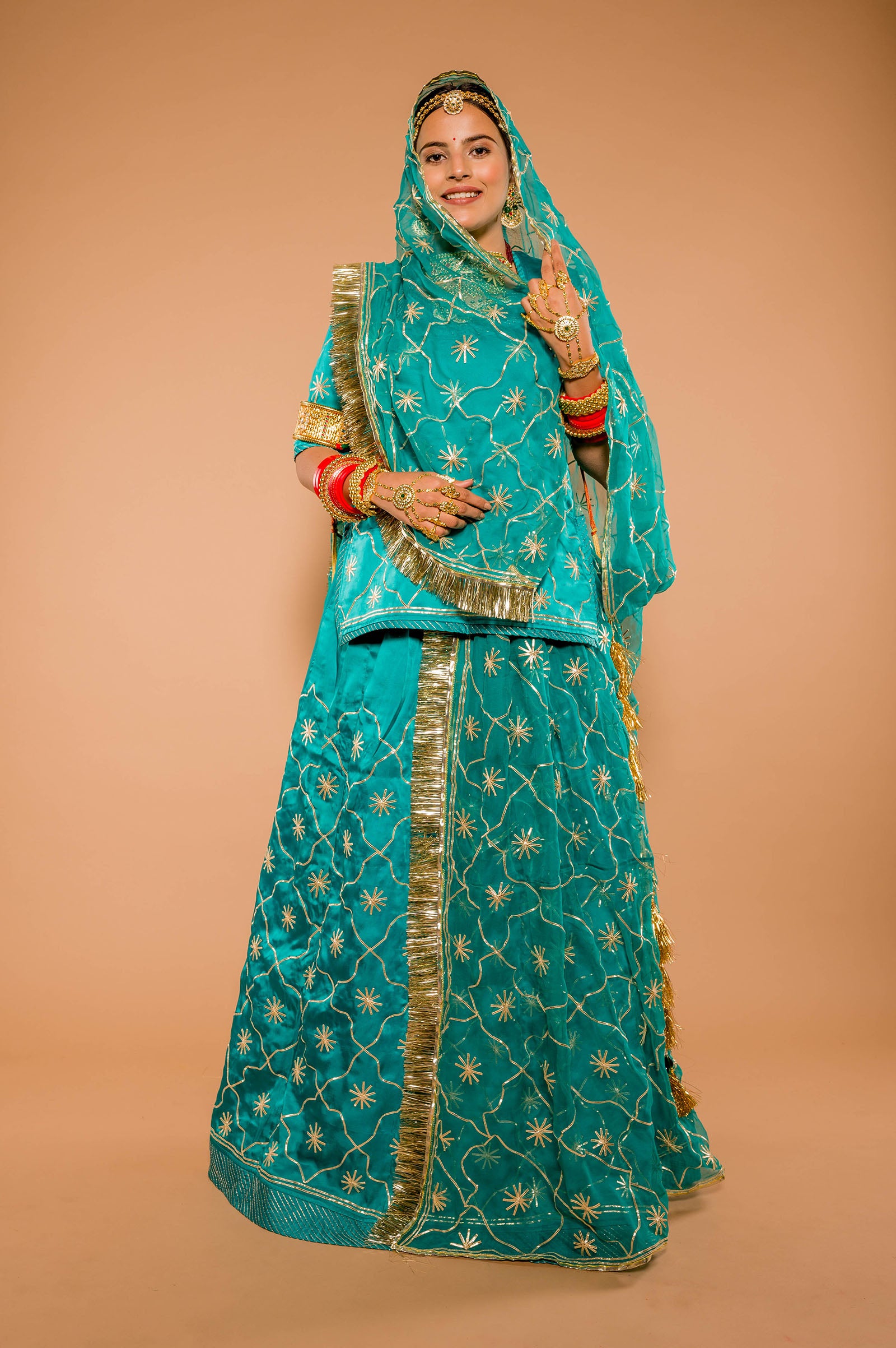 rama bamber satin gota jaal handwork poshak with pure odhna