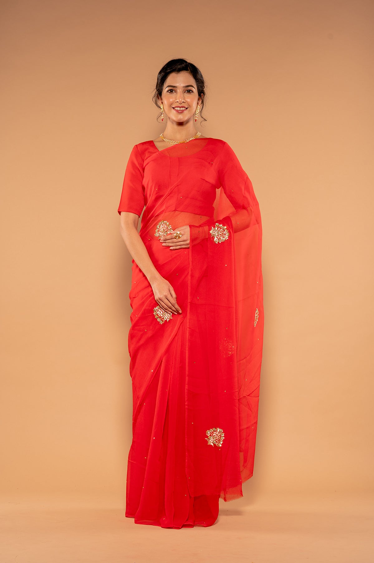 Red Viscose Chiffon Aari sequins  Buti Handwork  Saree