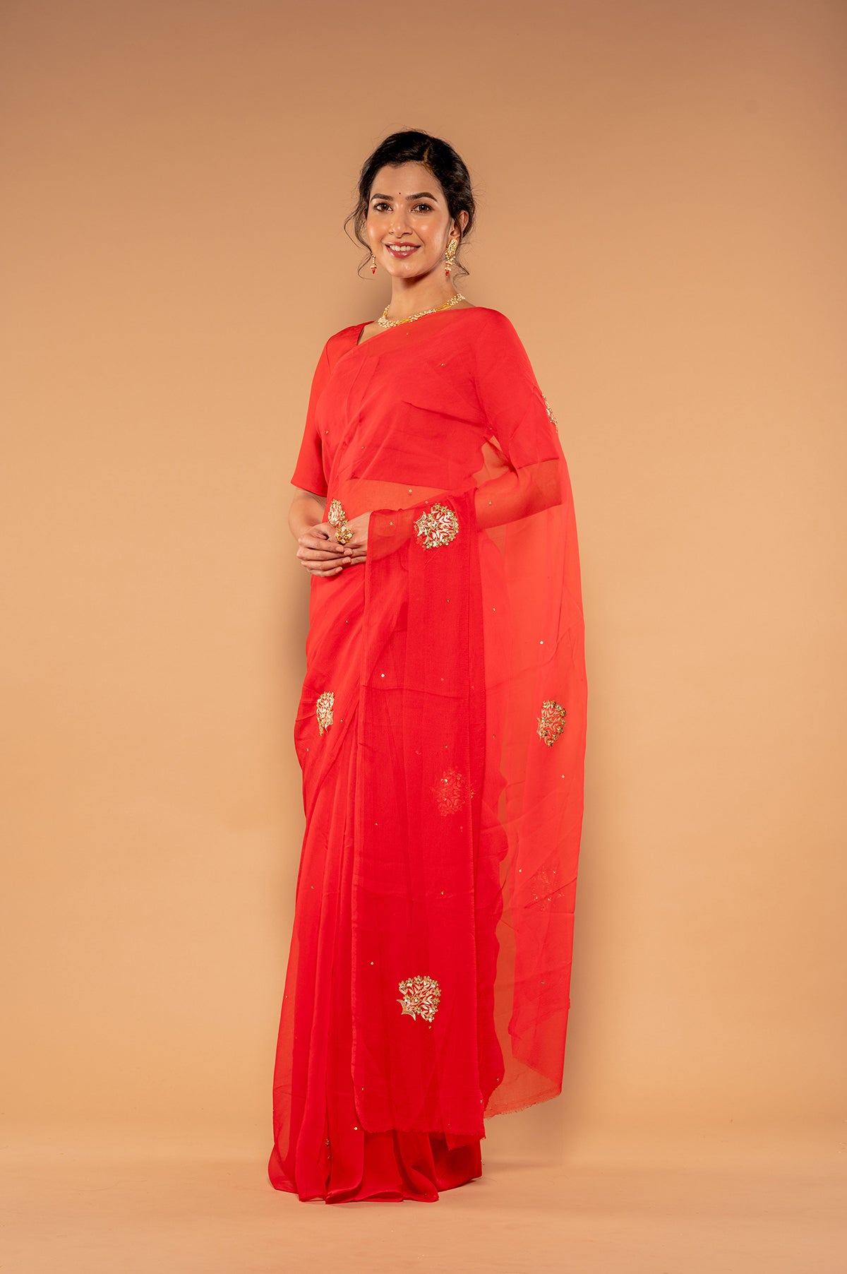 Red Viscose Chiffon Aari sequins  Buti Handwork  Saree