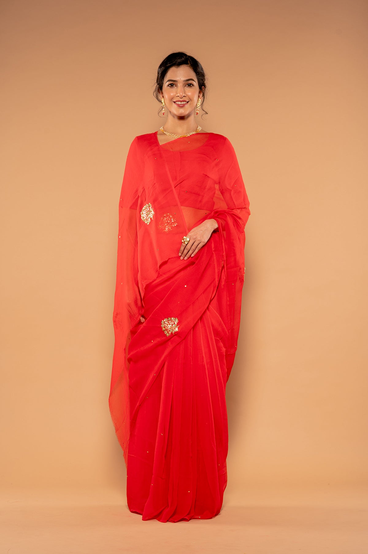Red Viscose Chiffon Aari sequins  Buti Handwork  Saree