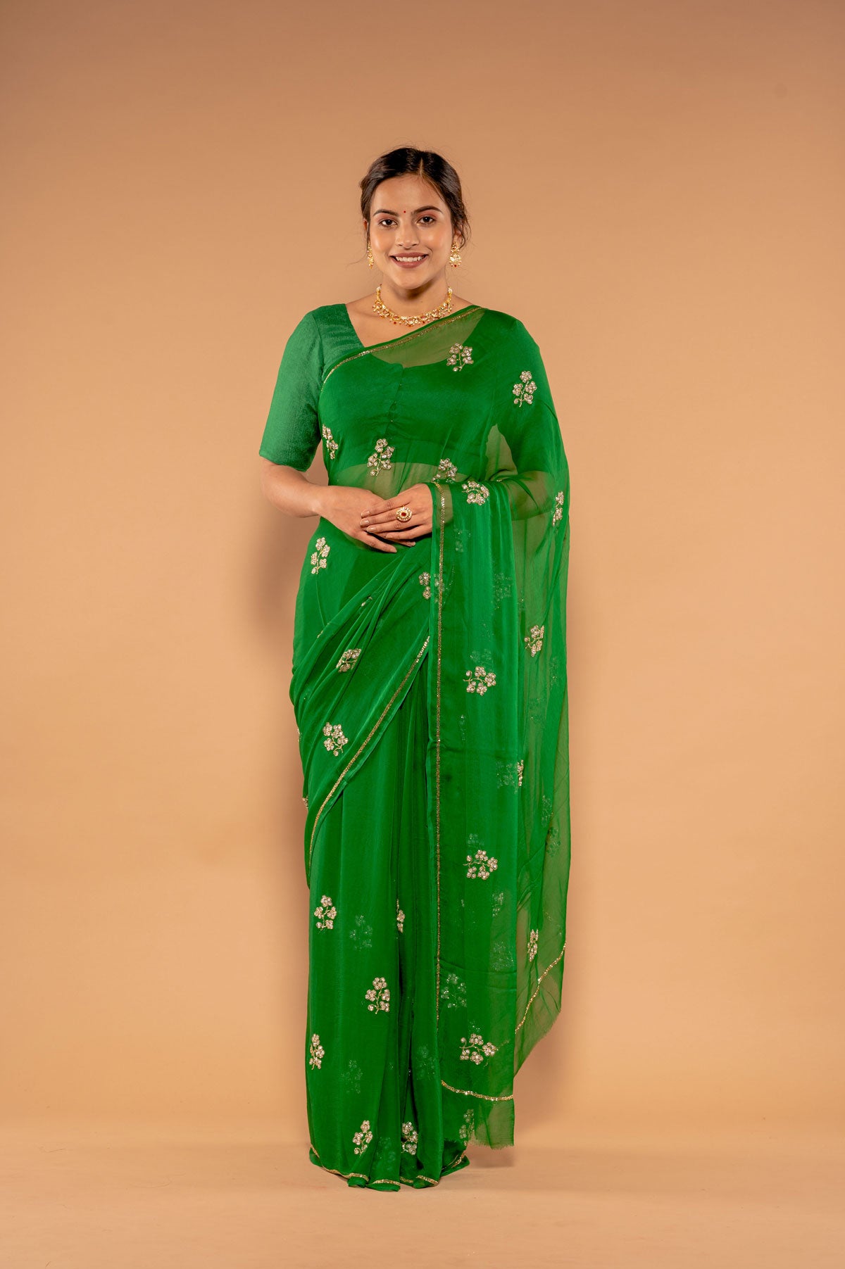Green Viscose Chiffon Kardana sequins Handwork  Saree