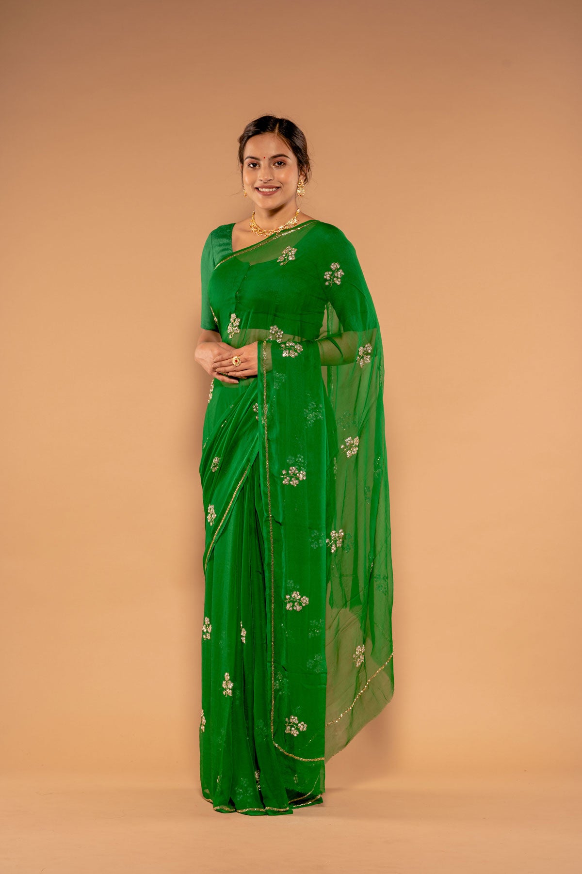 Green Viscose Chiffon Kardana sequins Handwork  Saree