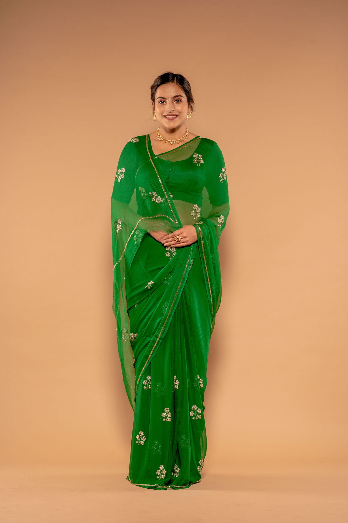Green Viscose Chiffon Kardana sequins Handwork  Saree