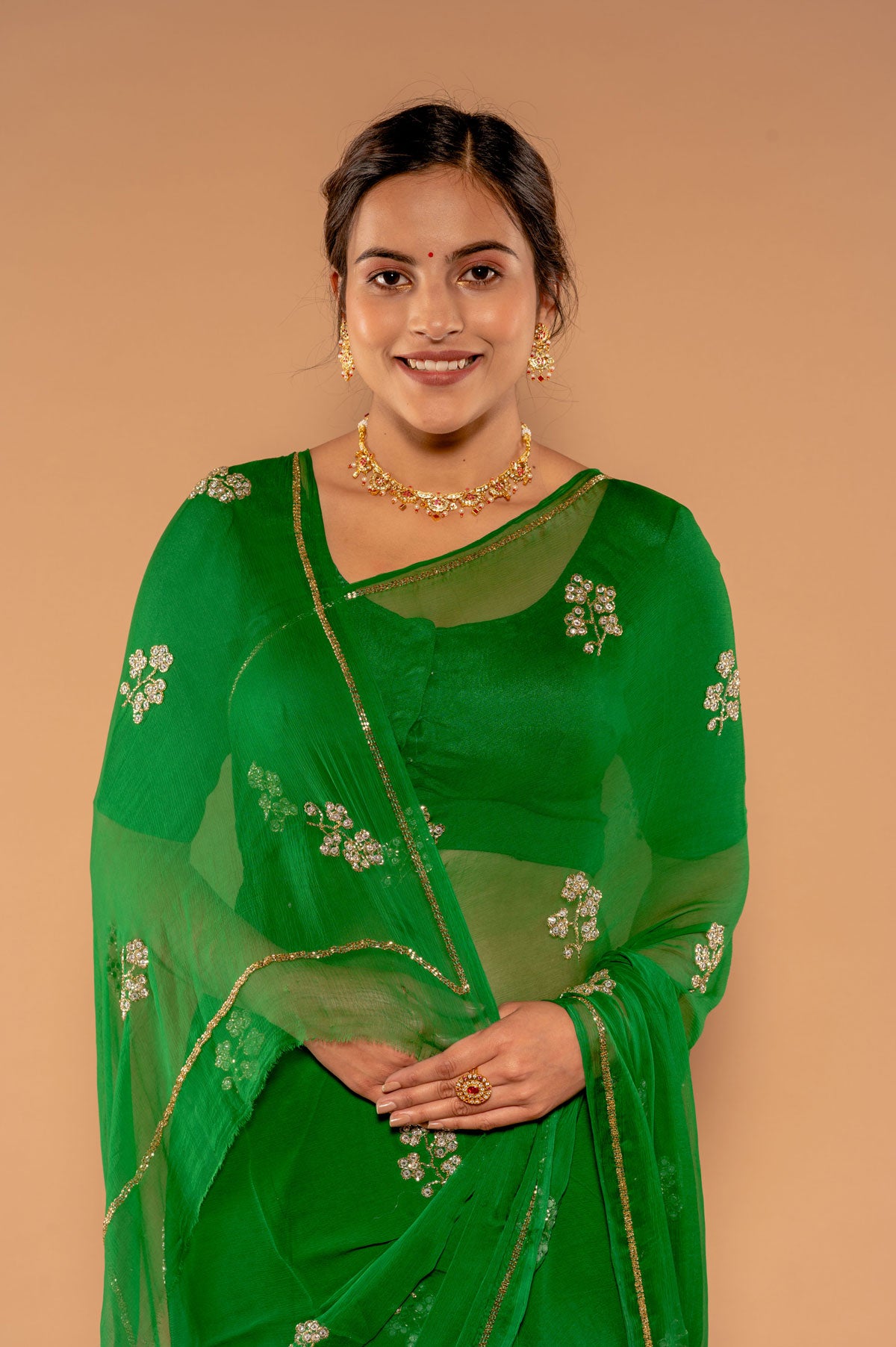 Green Viscose Chiffon Kardana sequins Handwork  Saree