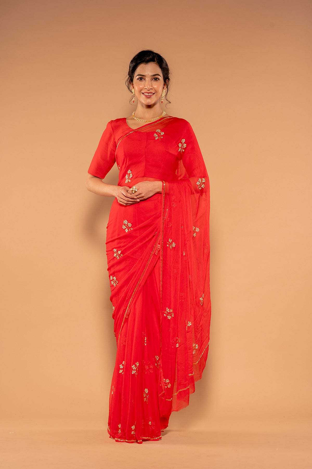 Red Viscose Chiffon Kardana sequins Handwork  Saree