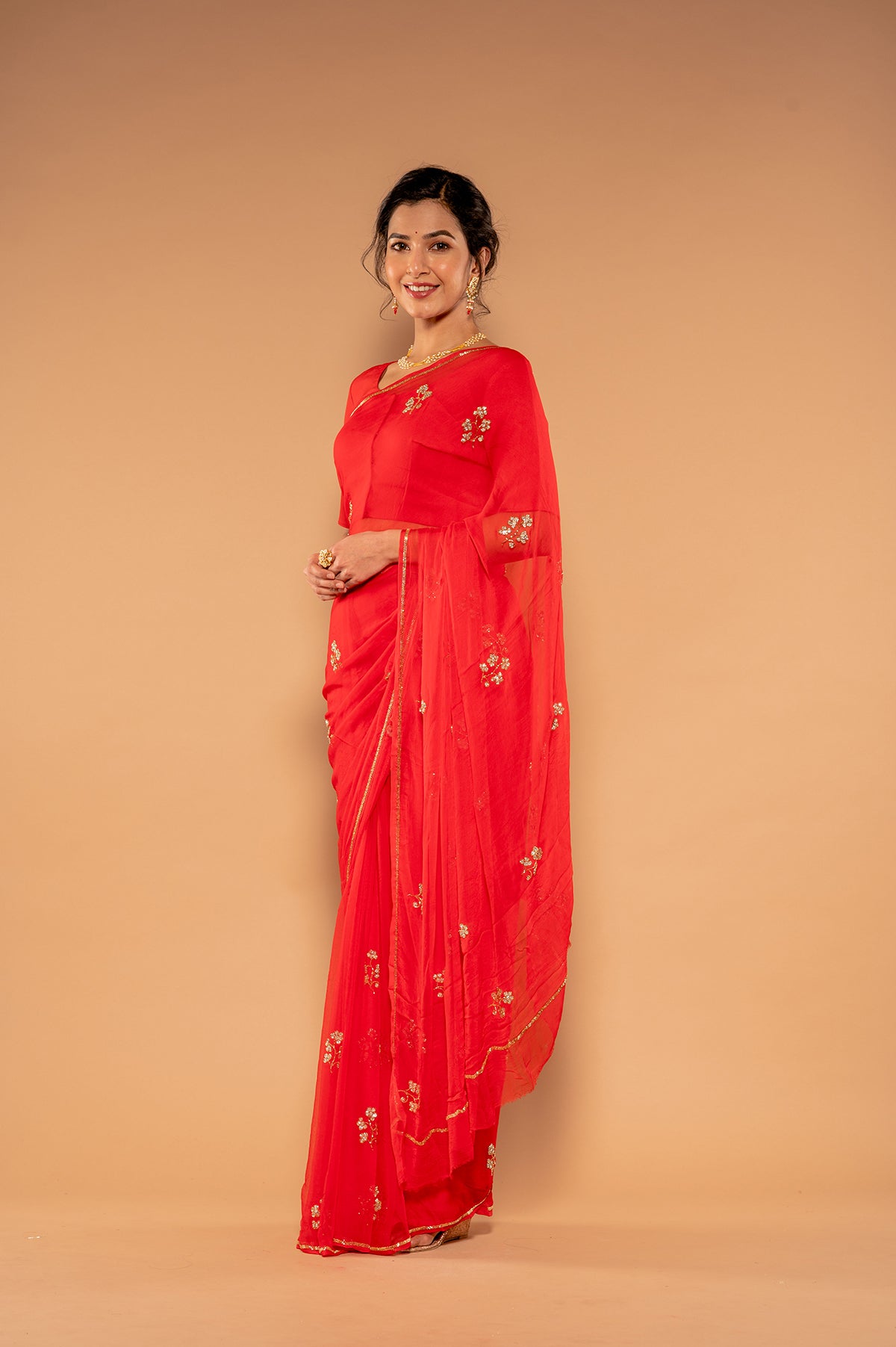 Red Viscose Chiffon Kardana sequins Handwork  Saree