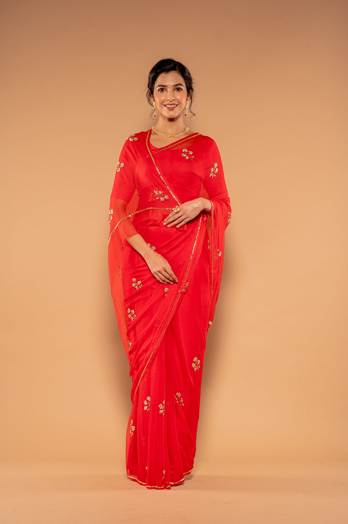 Red Viscose Chiffon Kardana sequins Handwork  Saree