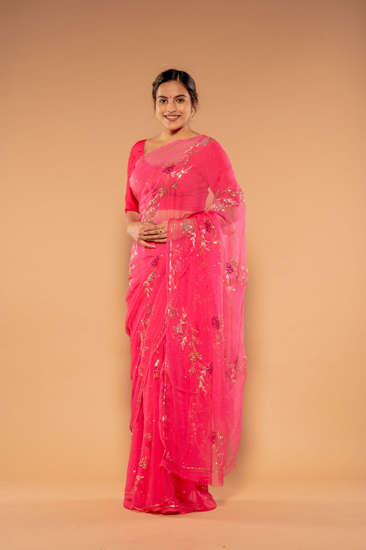 Pink  Viscose Chiffon Sequnce chadi butti  Handwork  Saree