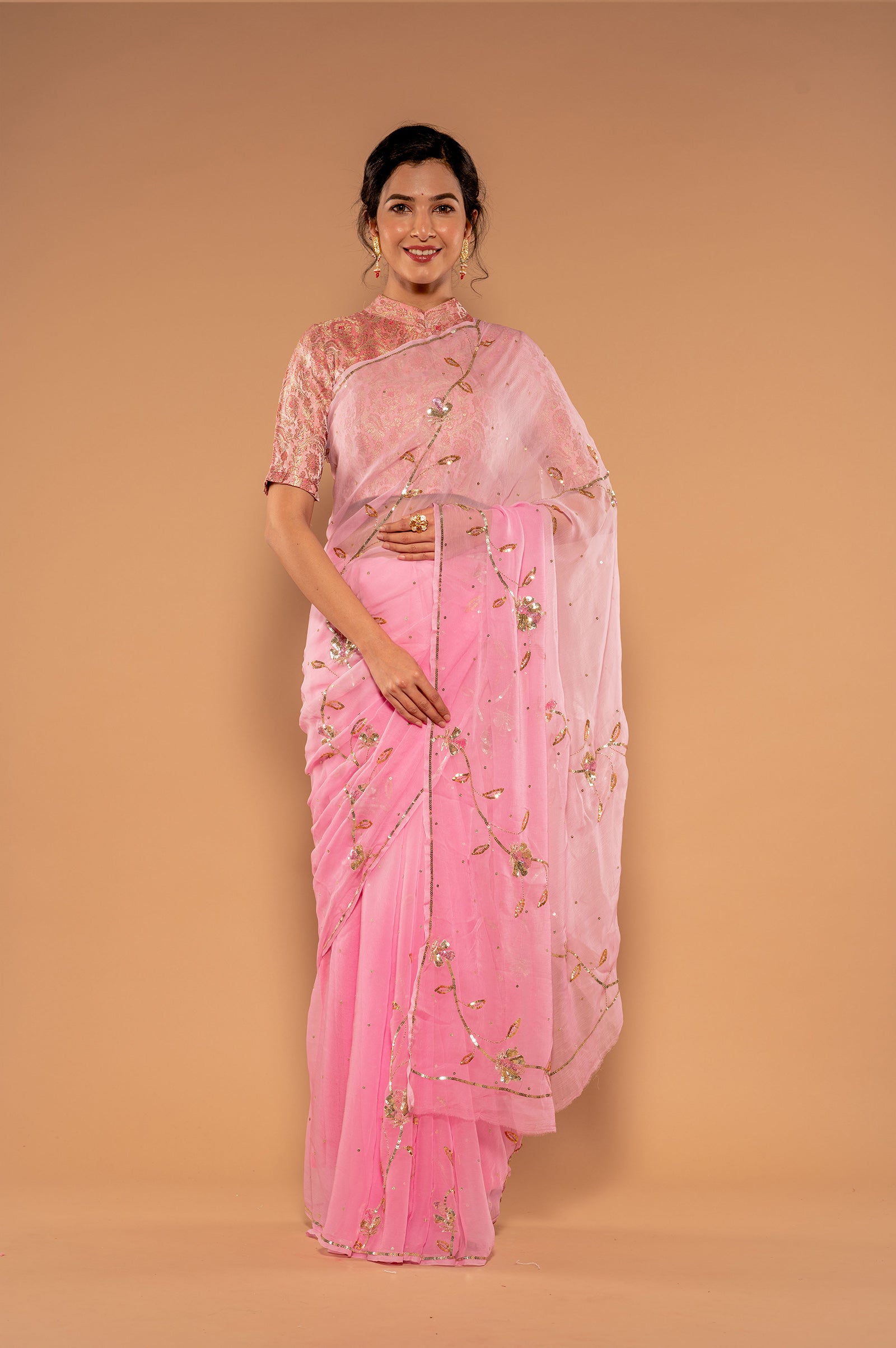 Pink light dark viscose chiffon aari sequins  handwork saree