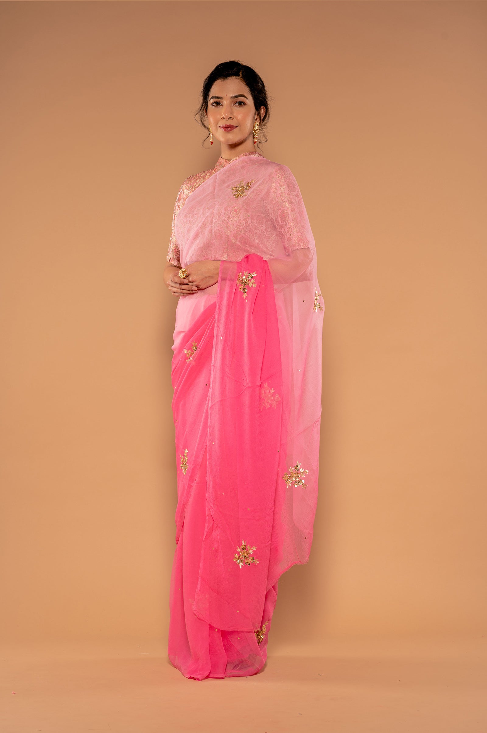 Pink light Dak Viscose Chiffon Aari Sequnece butti Handwork  Saree