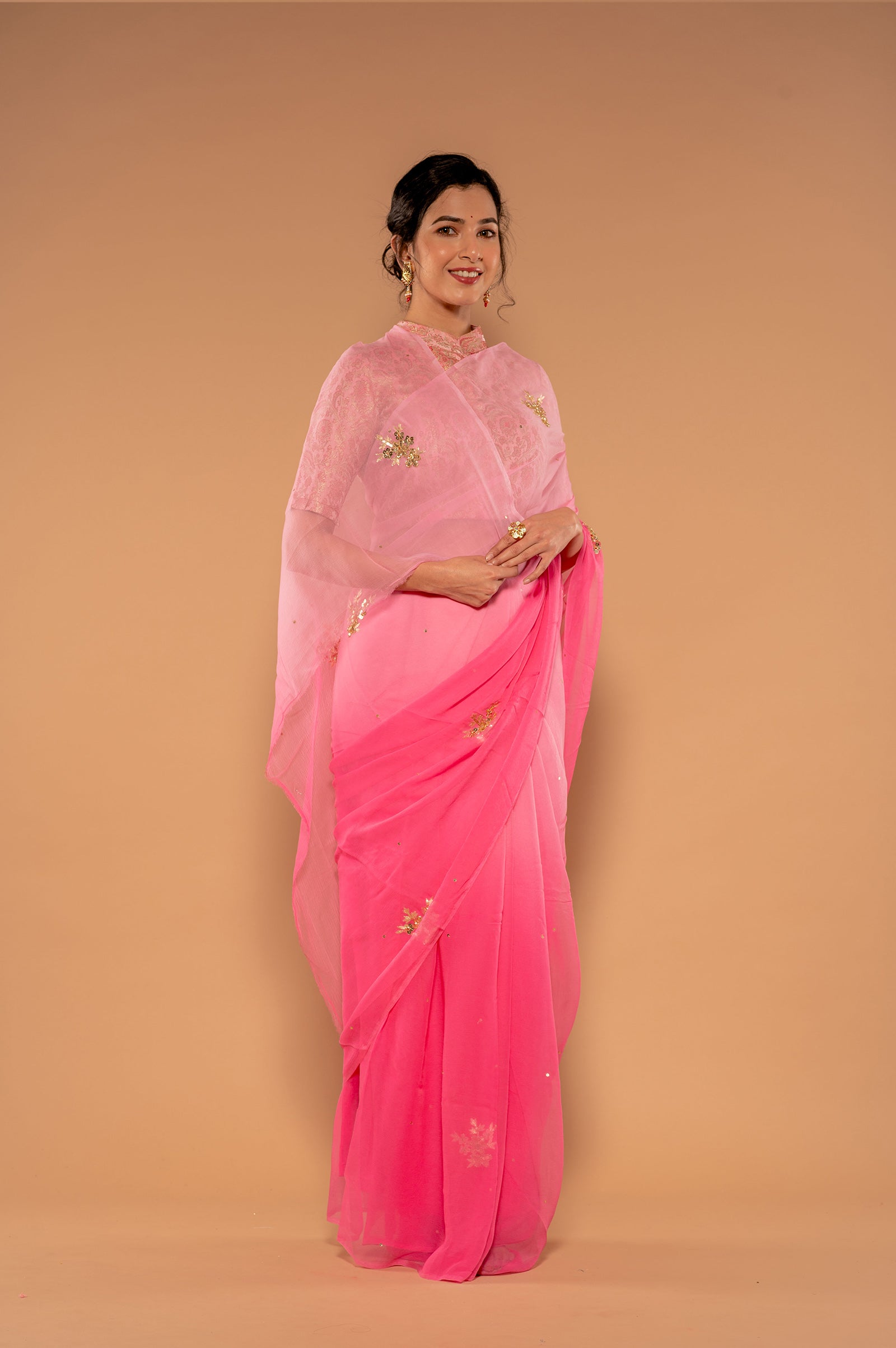 Pink light Dak Viscose Chiffon Aari Sequnece butti Handwork  Saree