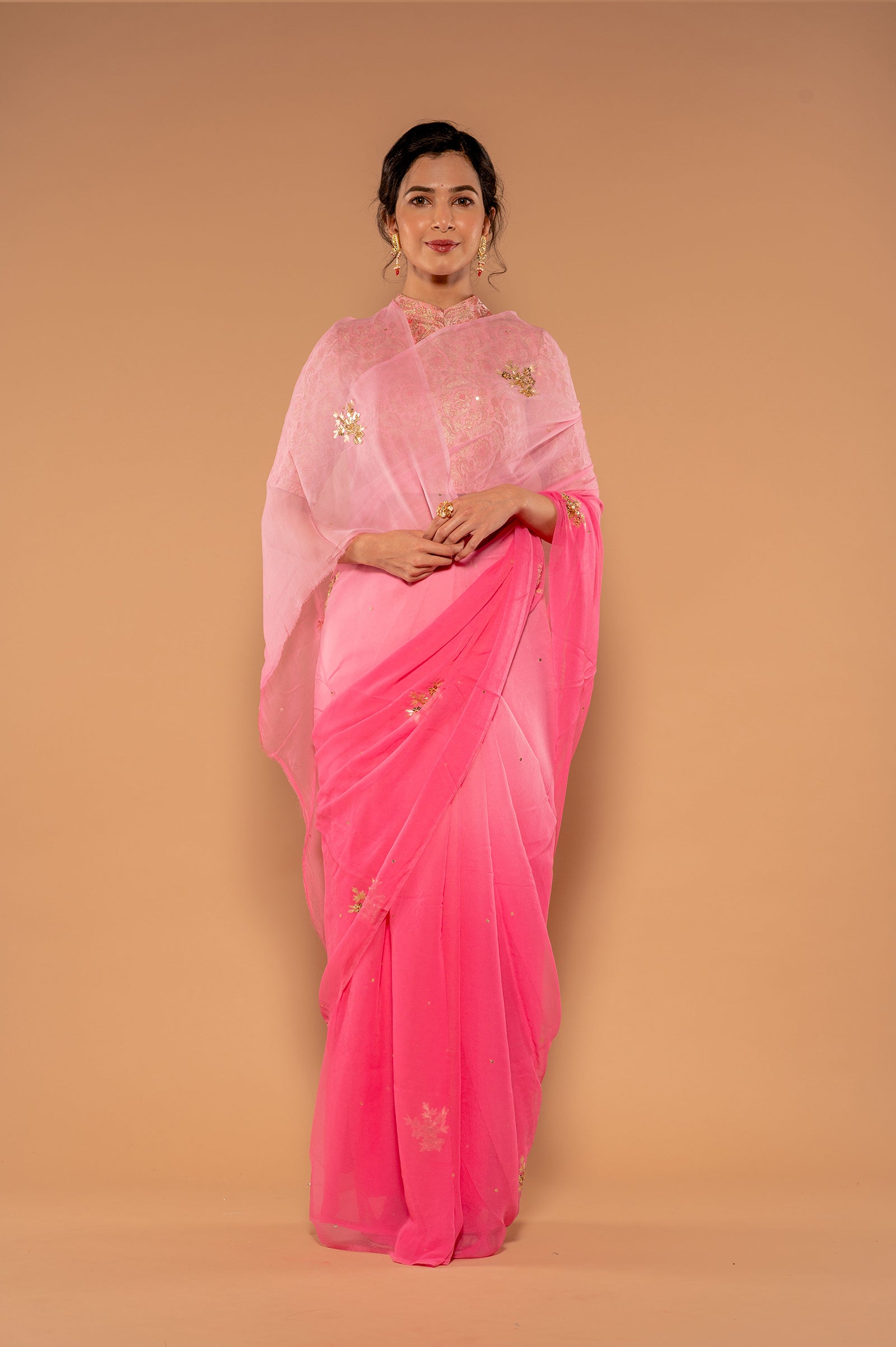 Pink light Dak Viscose Chiffon Aari Sequnece butti Handwork  Saree