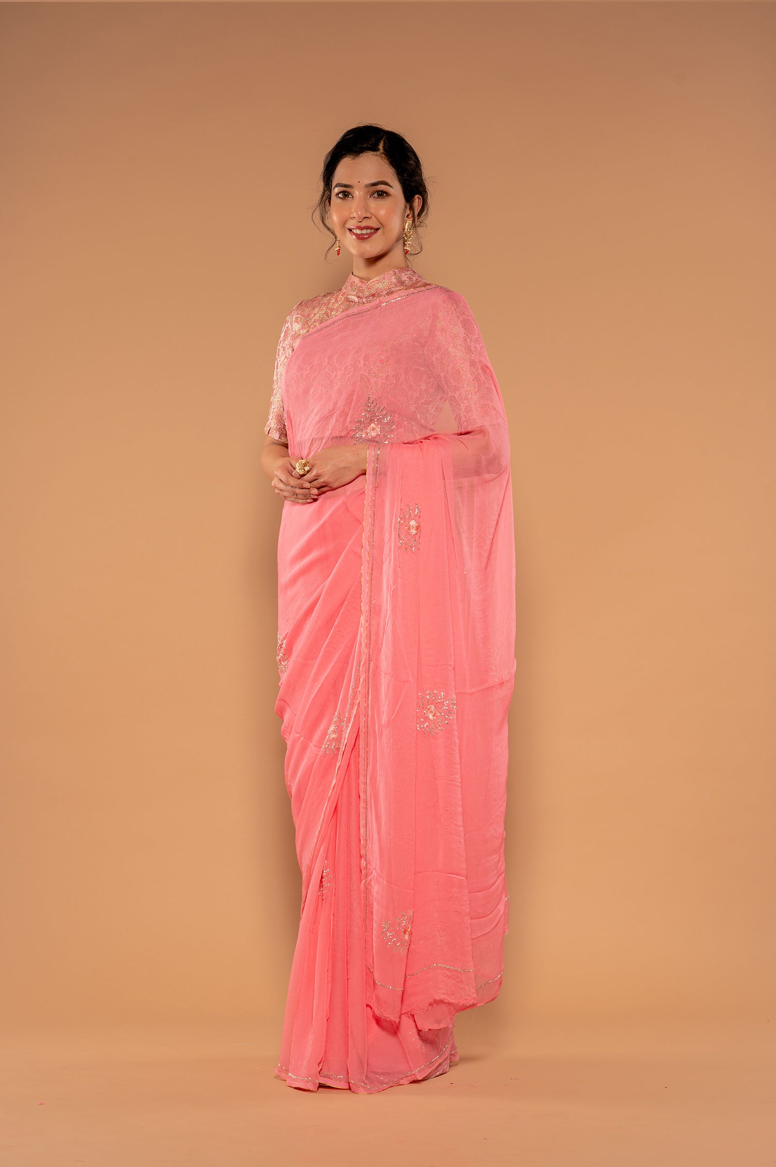Peach Pink  Viscose Chiffon Kardana Resham Motif Handwork  Saree