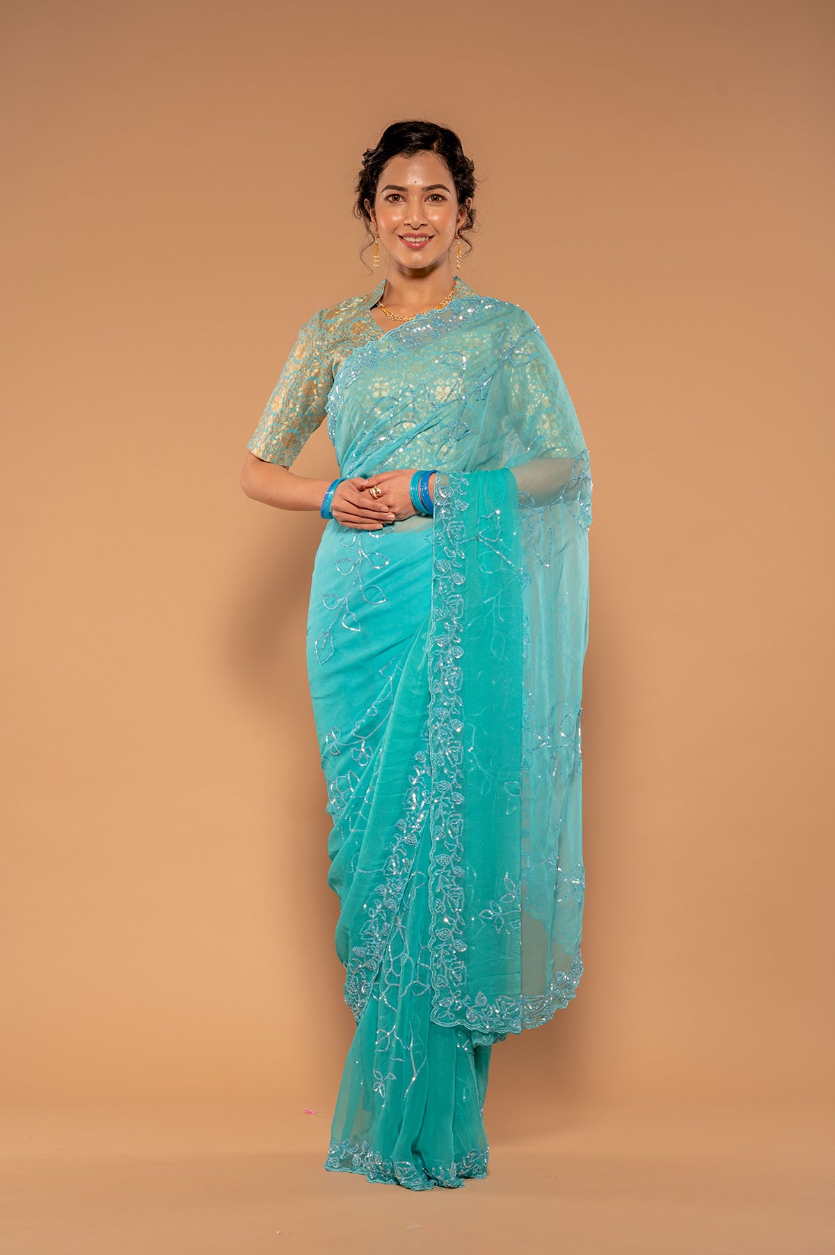 Sea Green Viscose Chiffon Siquins Jaal Handwork Party wear Saree