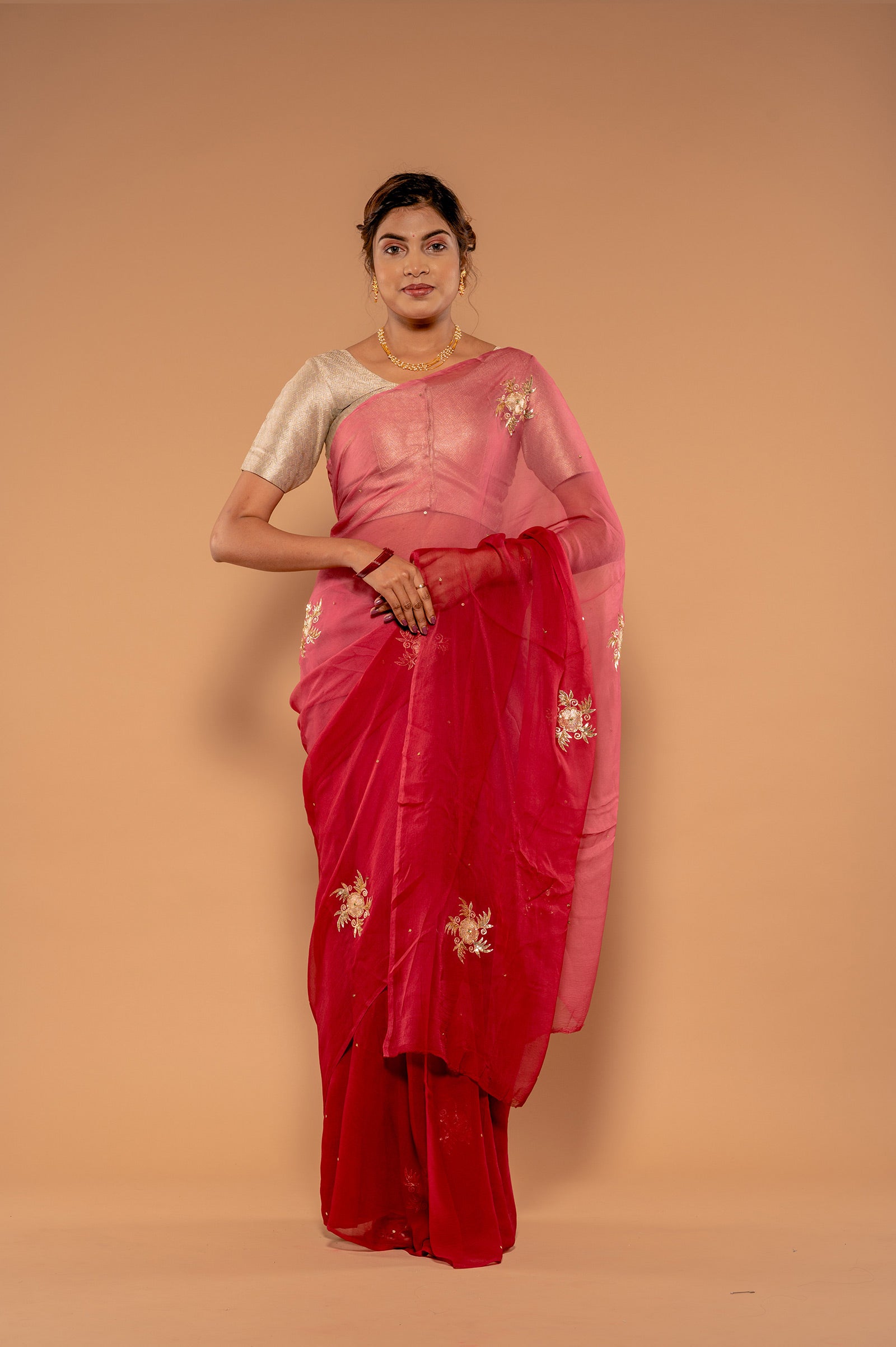 Rust Wine Viscose Chiffon Aari sequins  buti Handwork  Saree