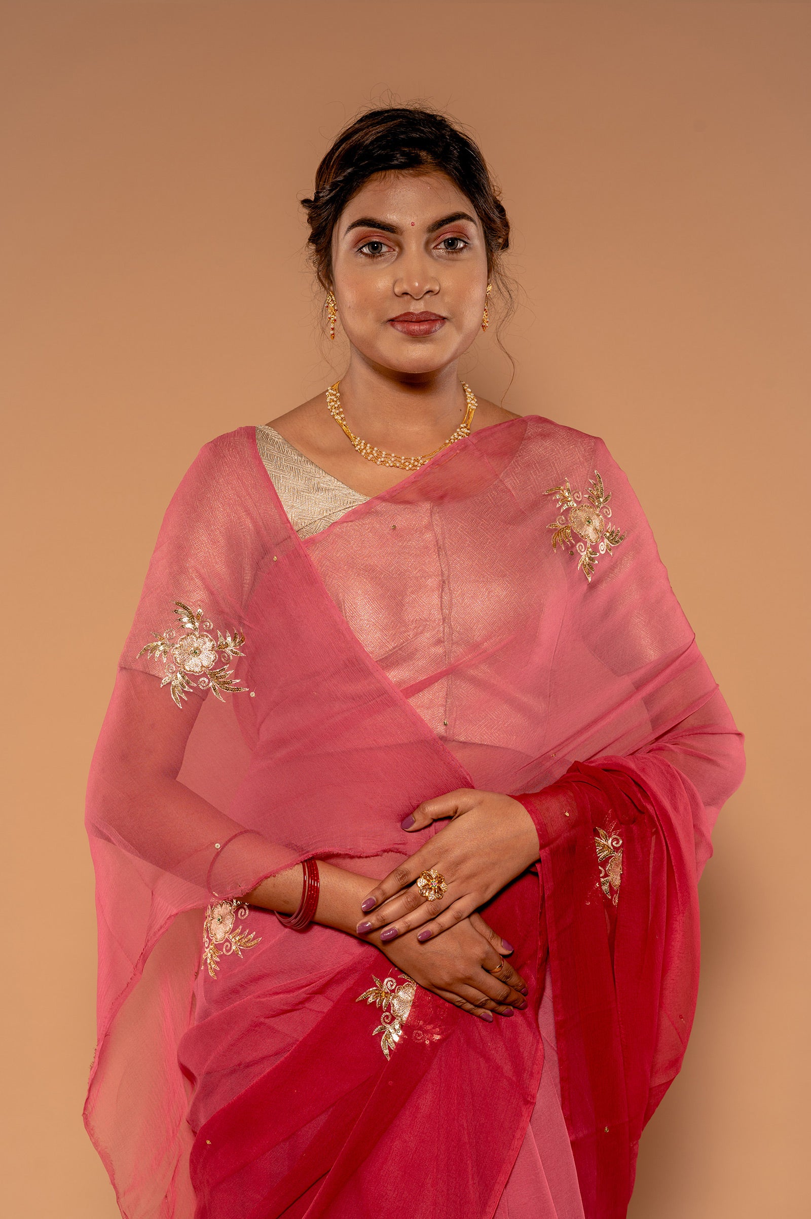 Rust Wine Viscose Chiffon Aari sequins  buti Handwork  Saree