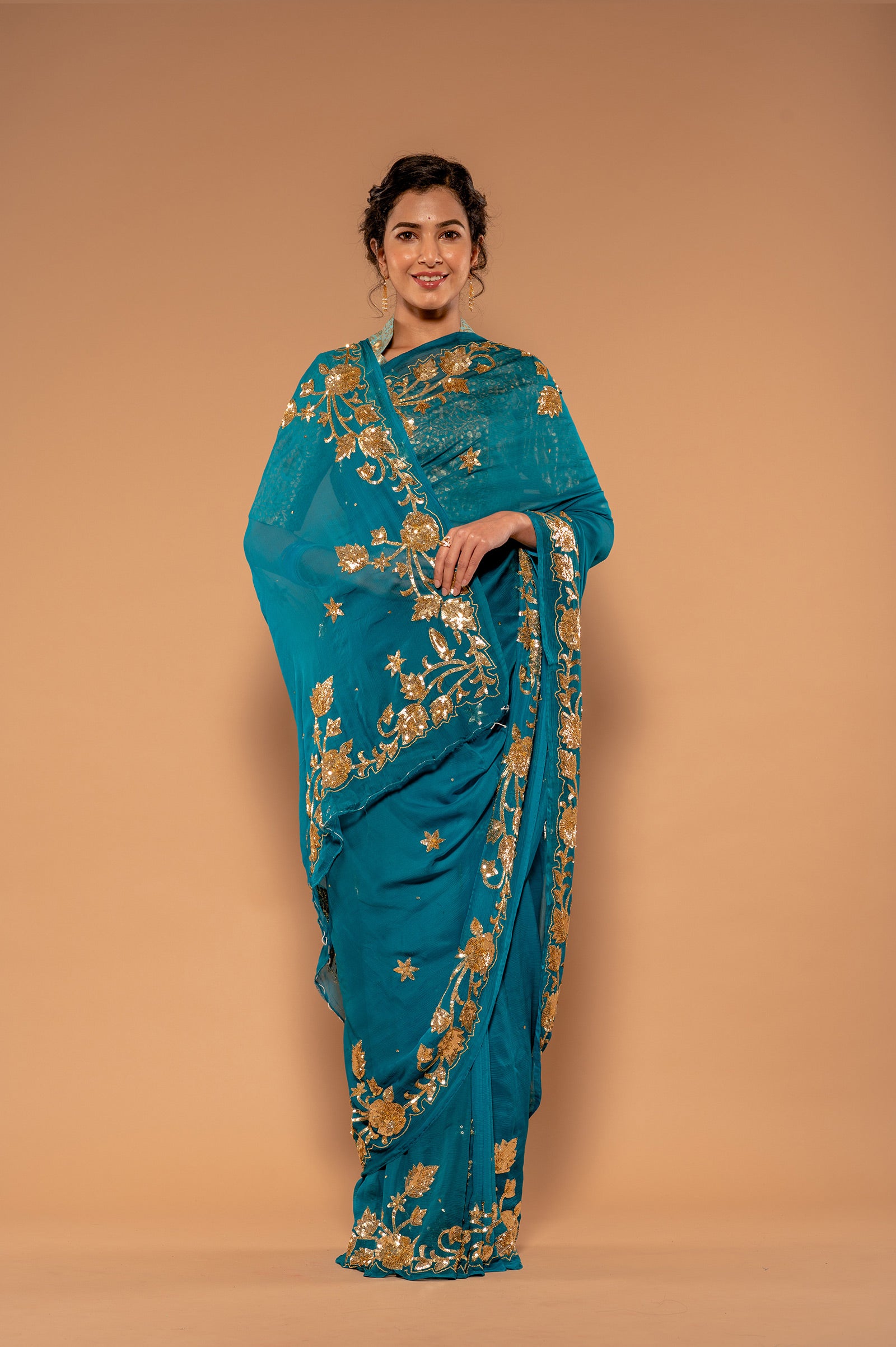 Rama Pure Chiffon Sequins Handwork Saree