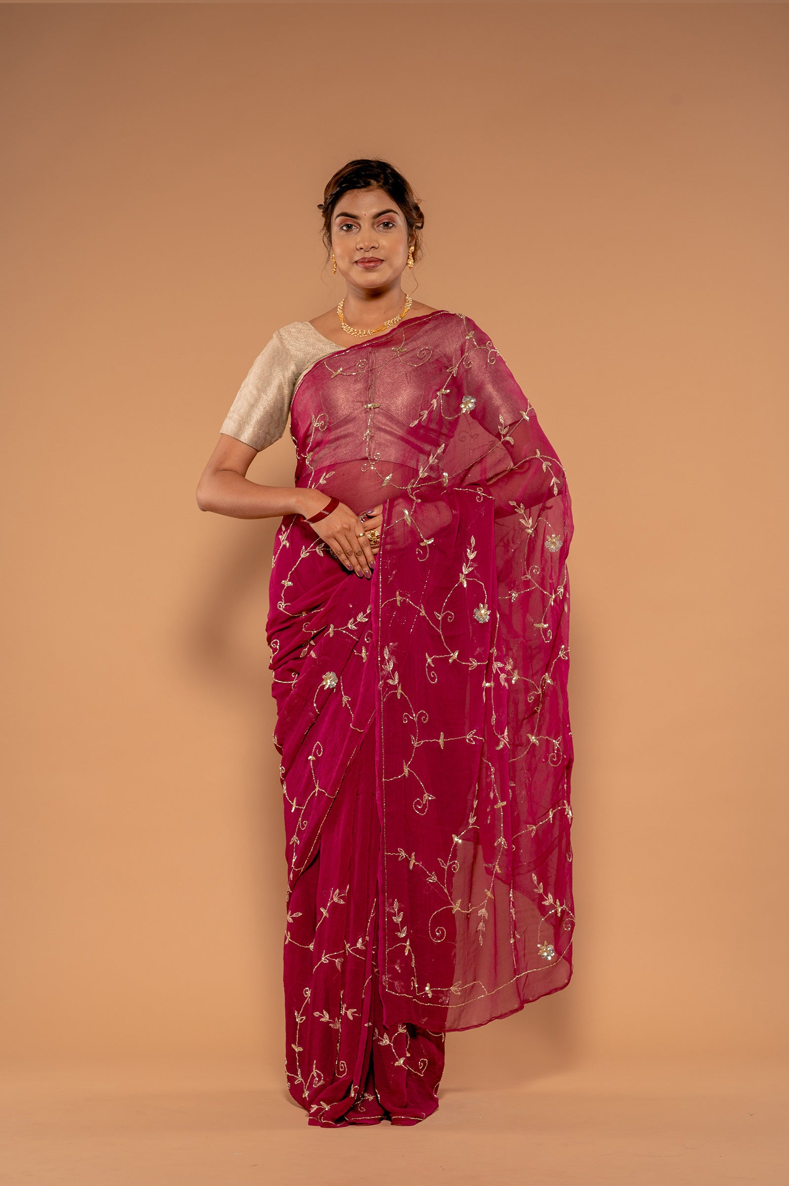 Wine Viscose Chiffon Aari sequins  Jaal Handwork  Saree