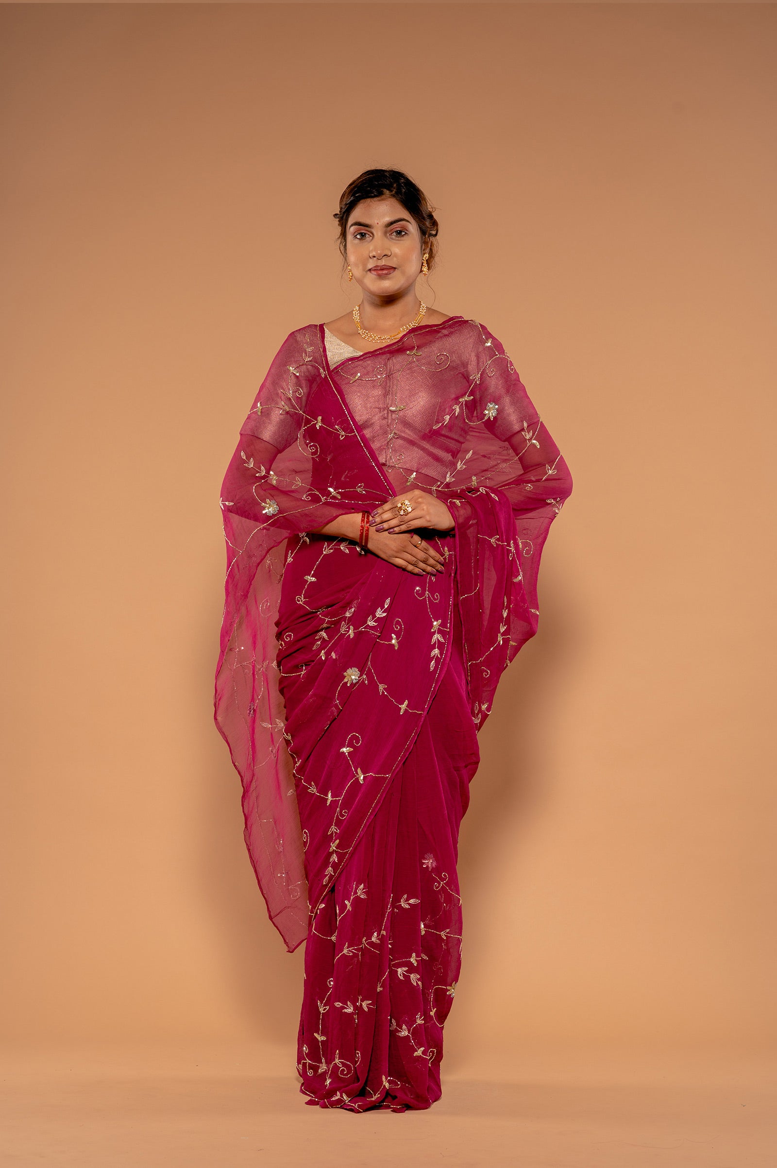 Wine Viscose Chiffon Aari sequins  Jaal Handwork  Saree
