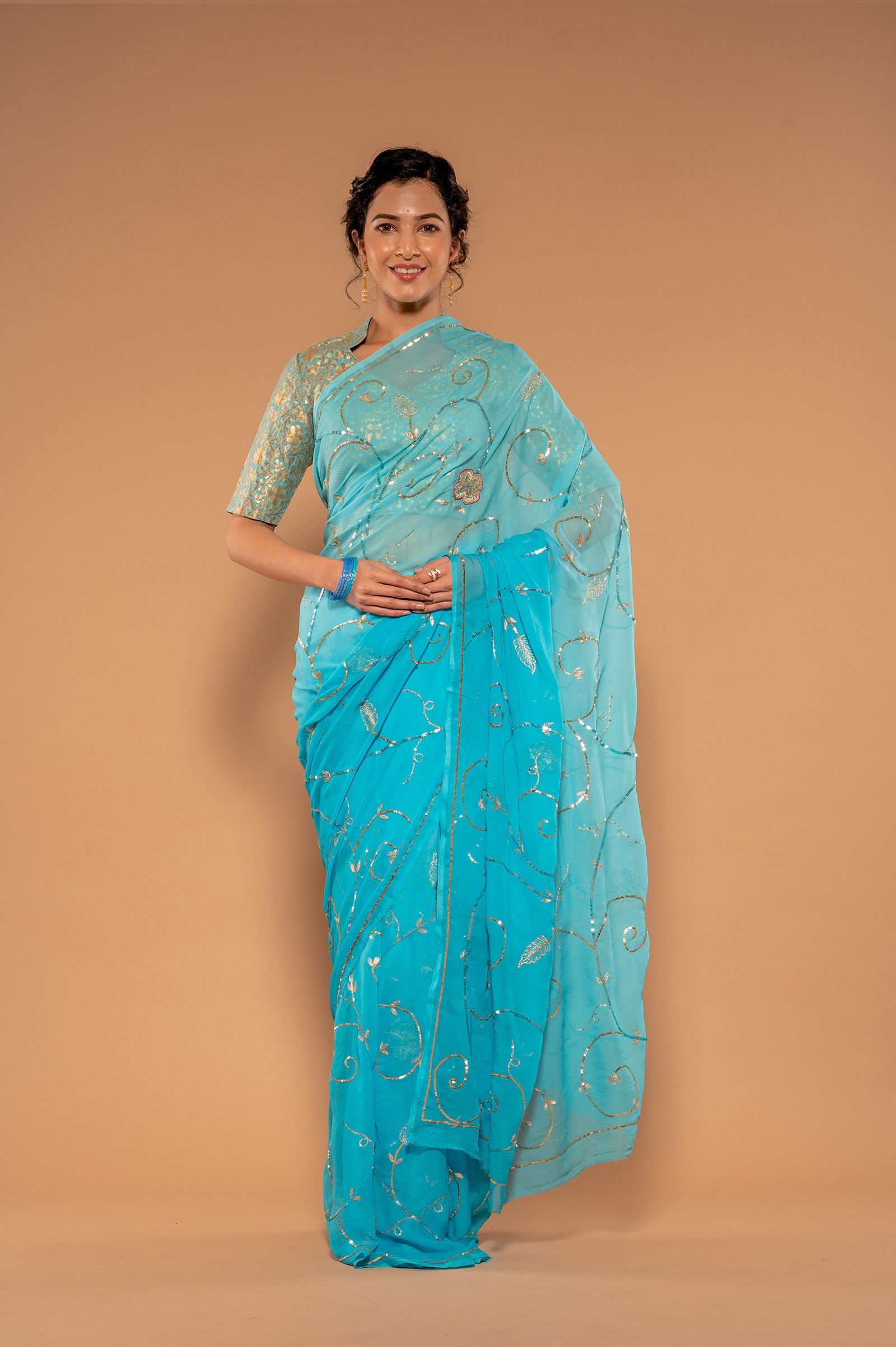 Sky Blue Viscose Chiffon Aari Sequnece jaal Handwork  Saree
