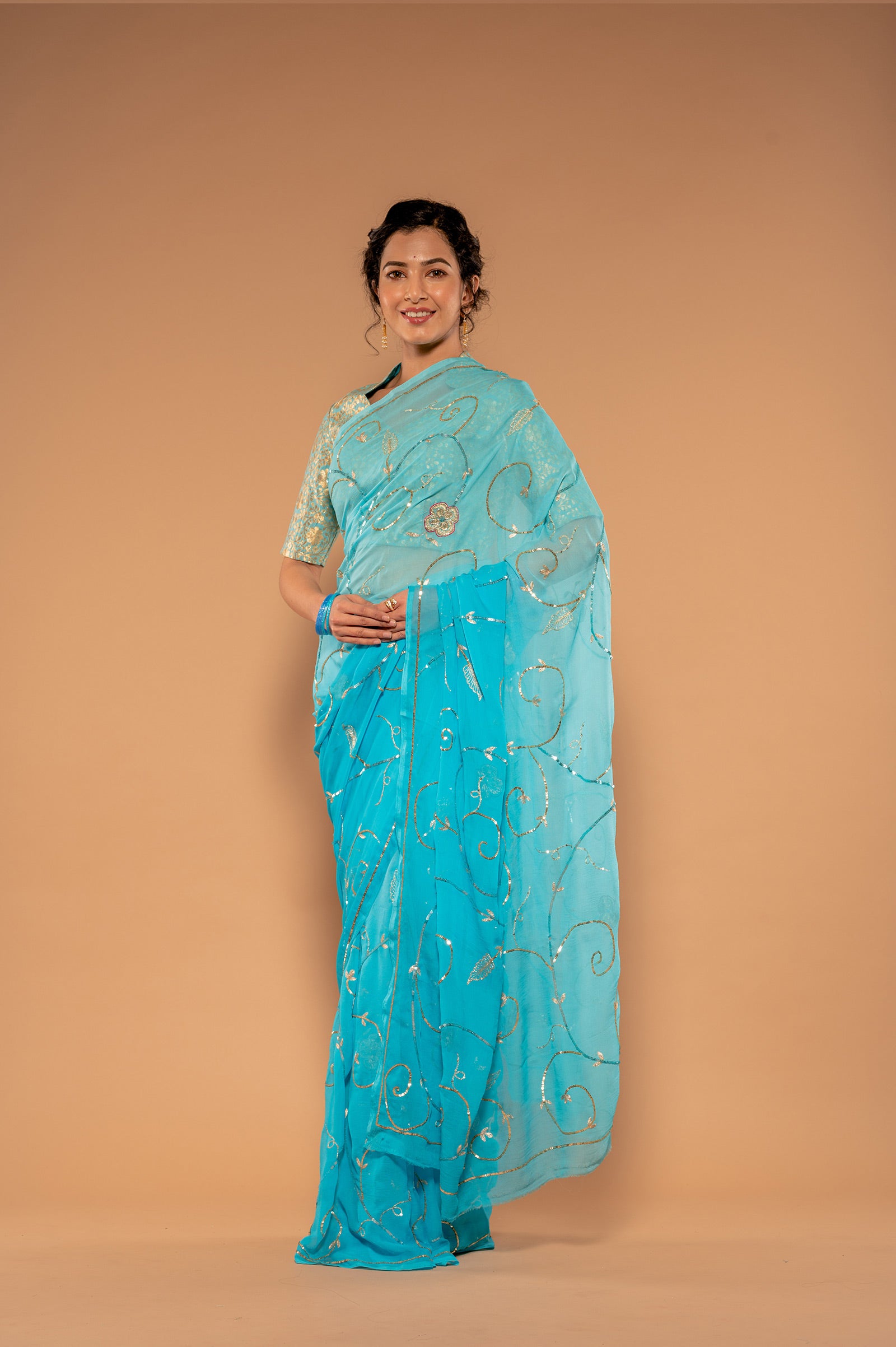 Sky Blue Viscose Chiffon Aari Sequnece jaal Handwork  Saree