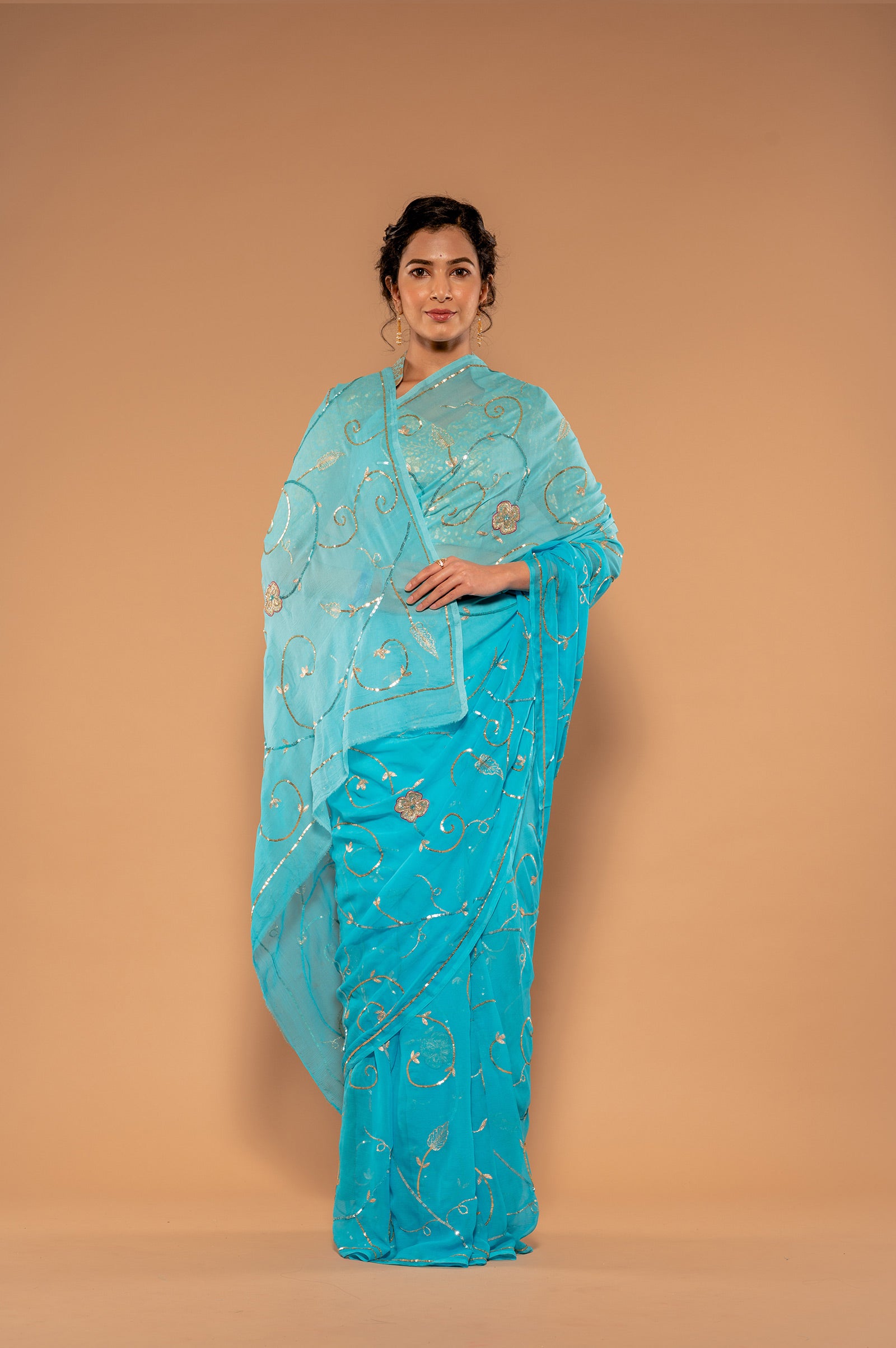 Sky Blue Viscose Chiffon Aari Sequnece jaal Handwork  Saree