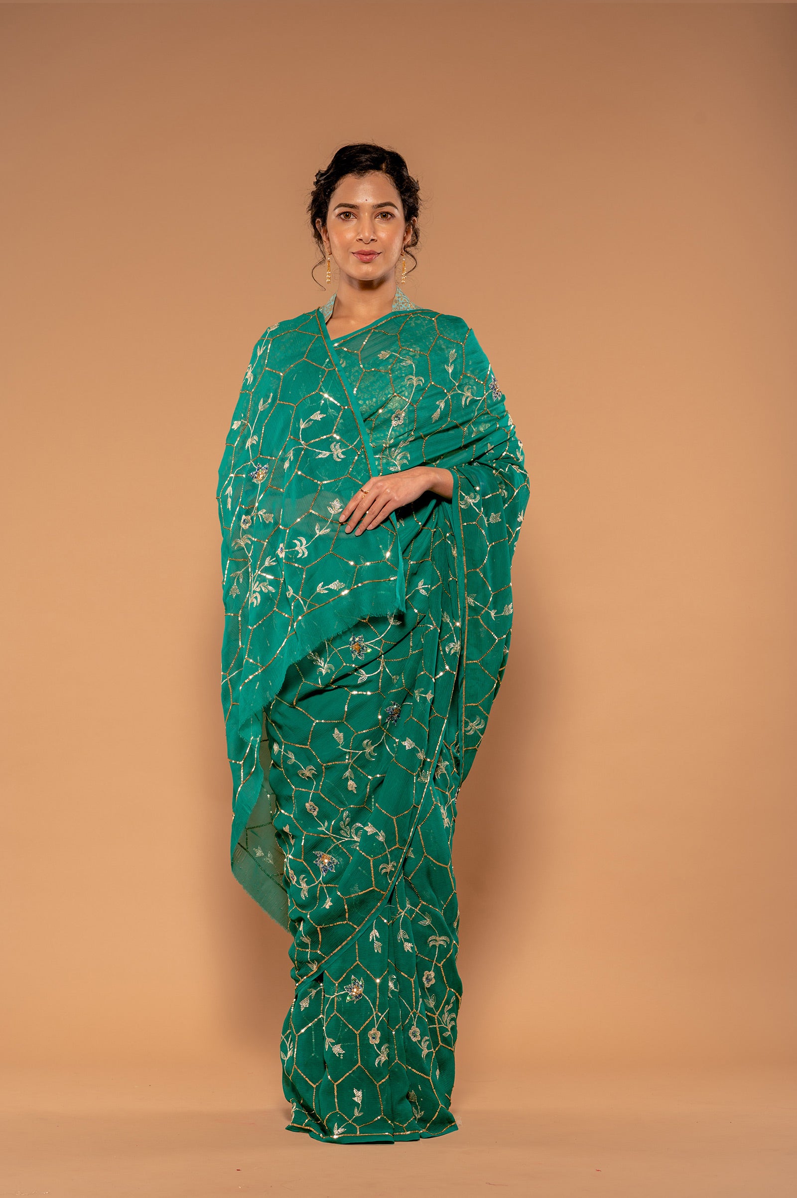 rama green Pure Chiffon aari sequins  jaal handwork Saree