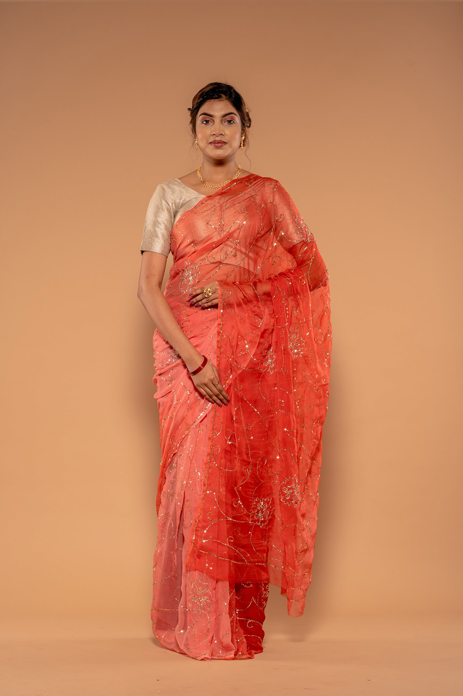 Orange Viscose Chiffon sequins  Jaal Handwork Party wear Saree