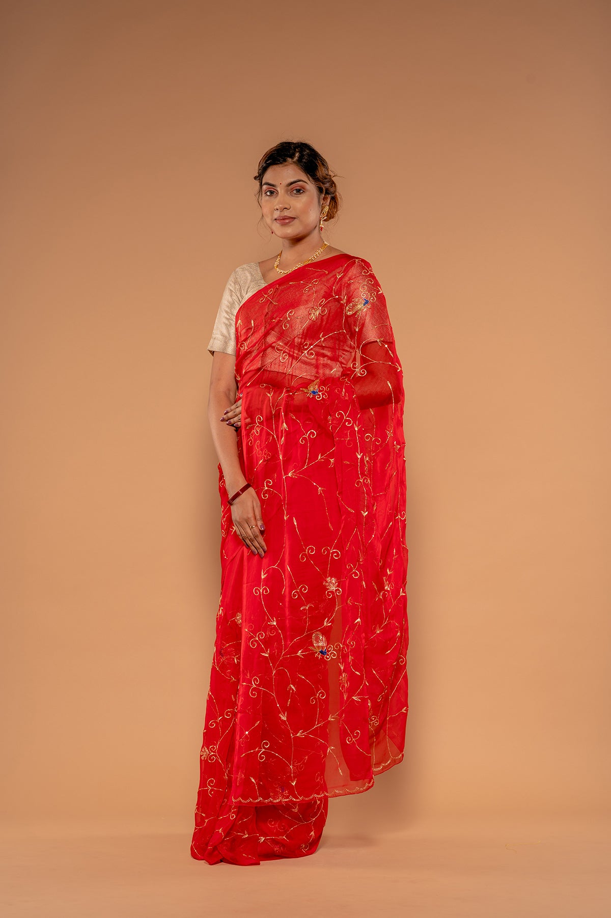 Red Viscose Chiffon aari sequins  jaal Handwork  Saree