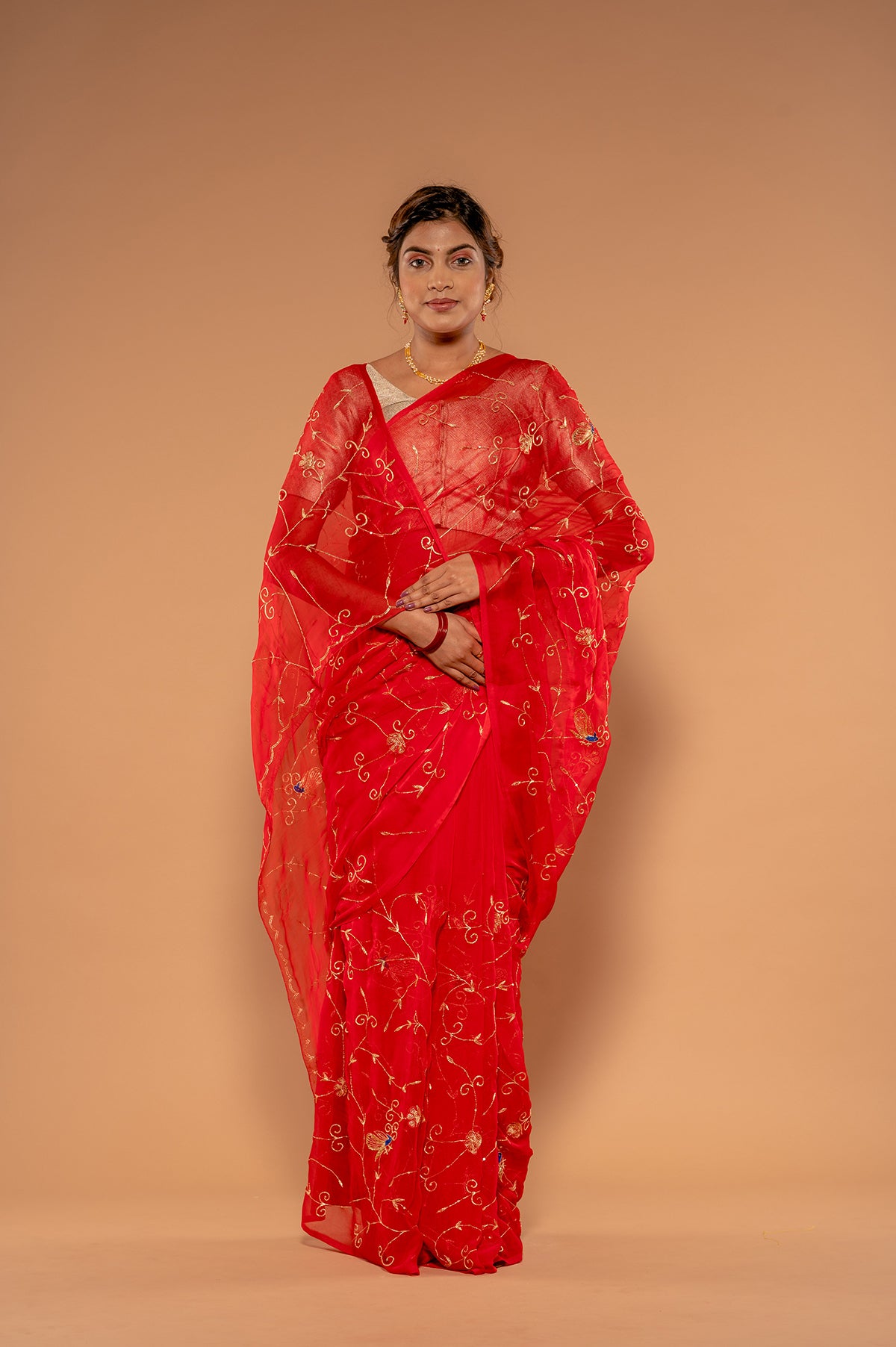 Red Viscose Chiffon aari sequins  jaal Handwork  Saree