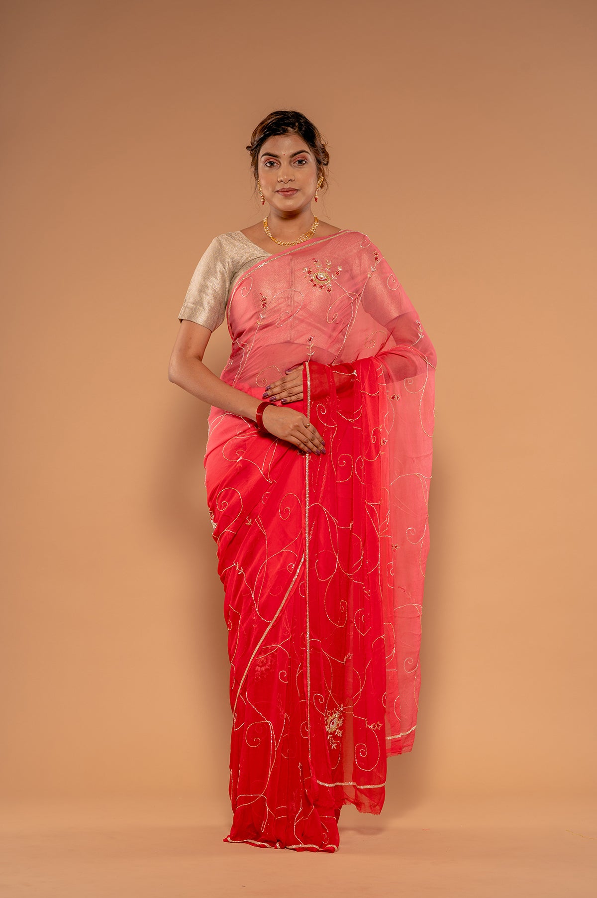 Gajri Shaded Viscose Chiffon Kardana jaal  Handwork  Saree