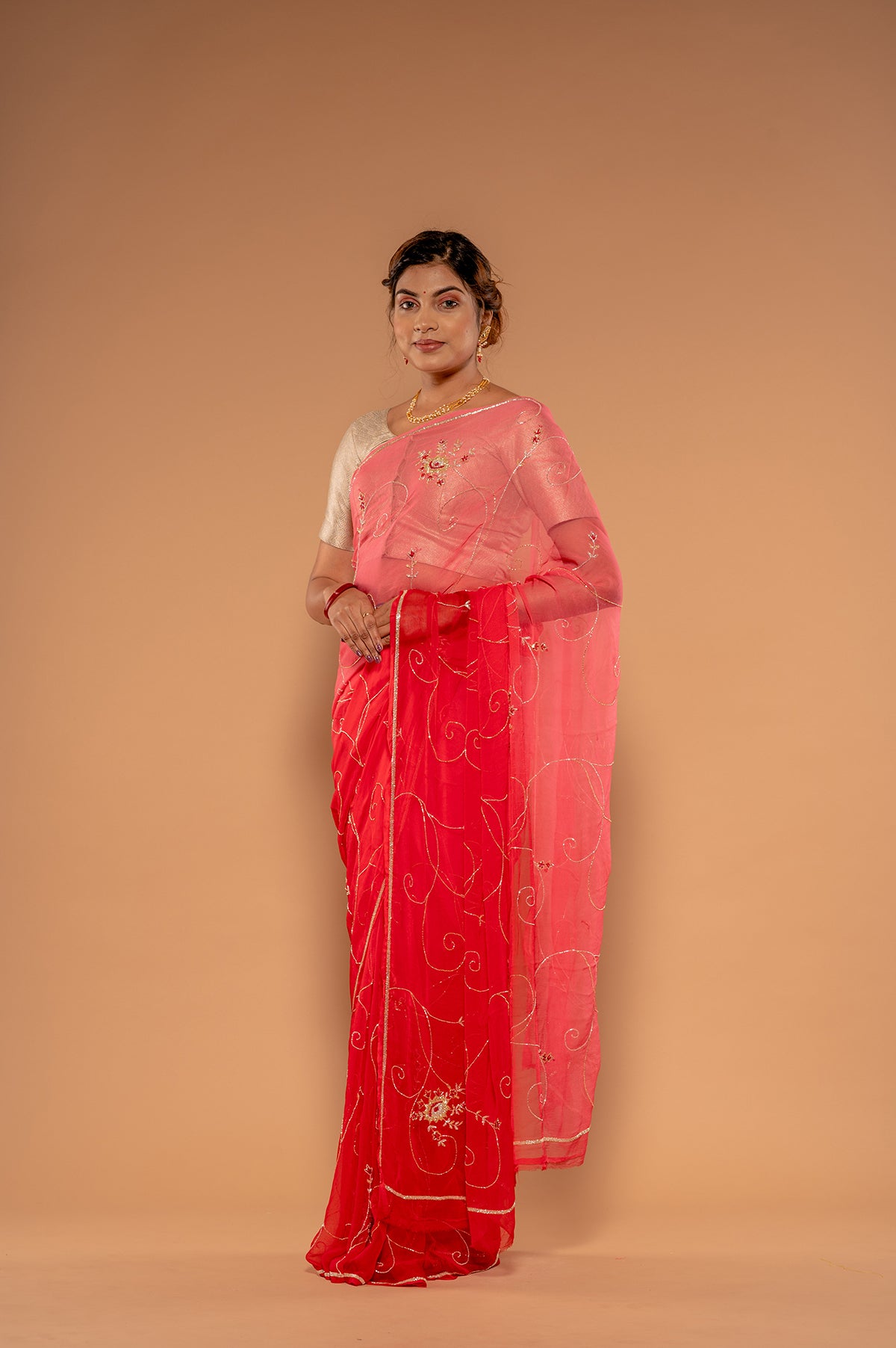 Gajri Shaded Viscose Chiffon Kardana jaal  Handwork  Saree