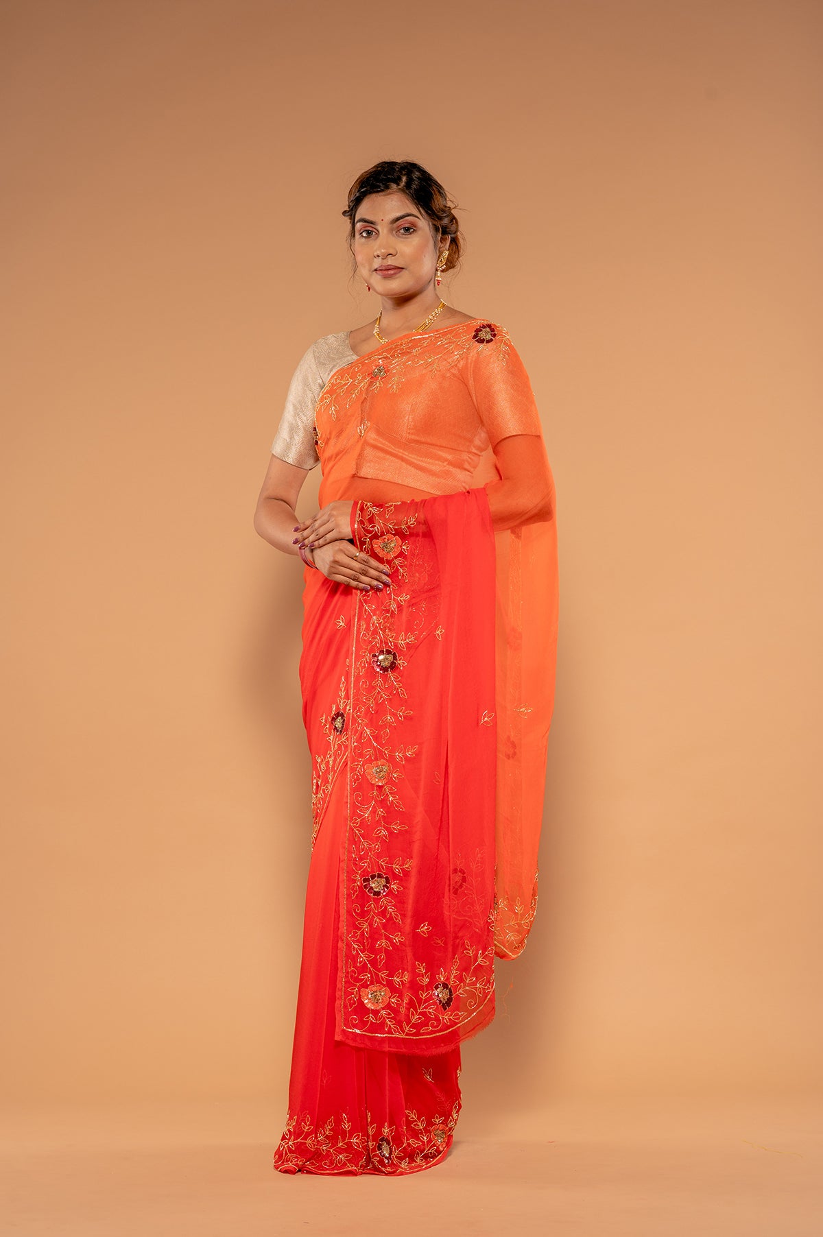 Orange Gajri Viscose Chiffon Kardana sequins Handwork  Saree