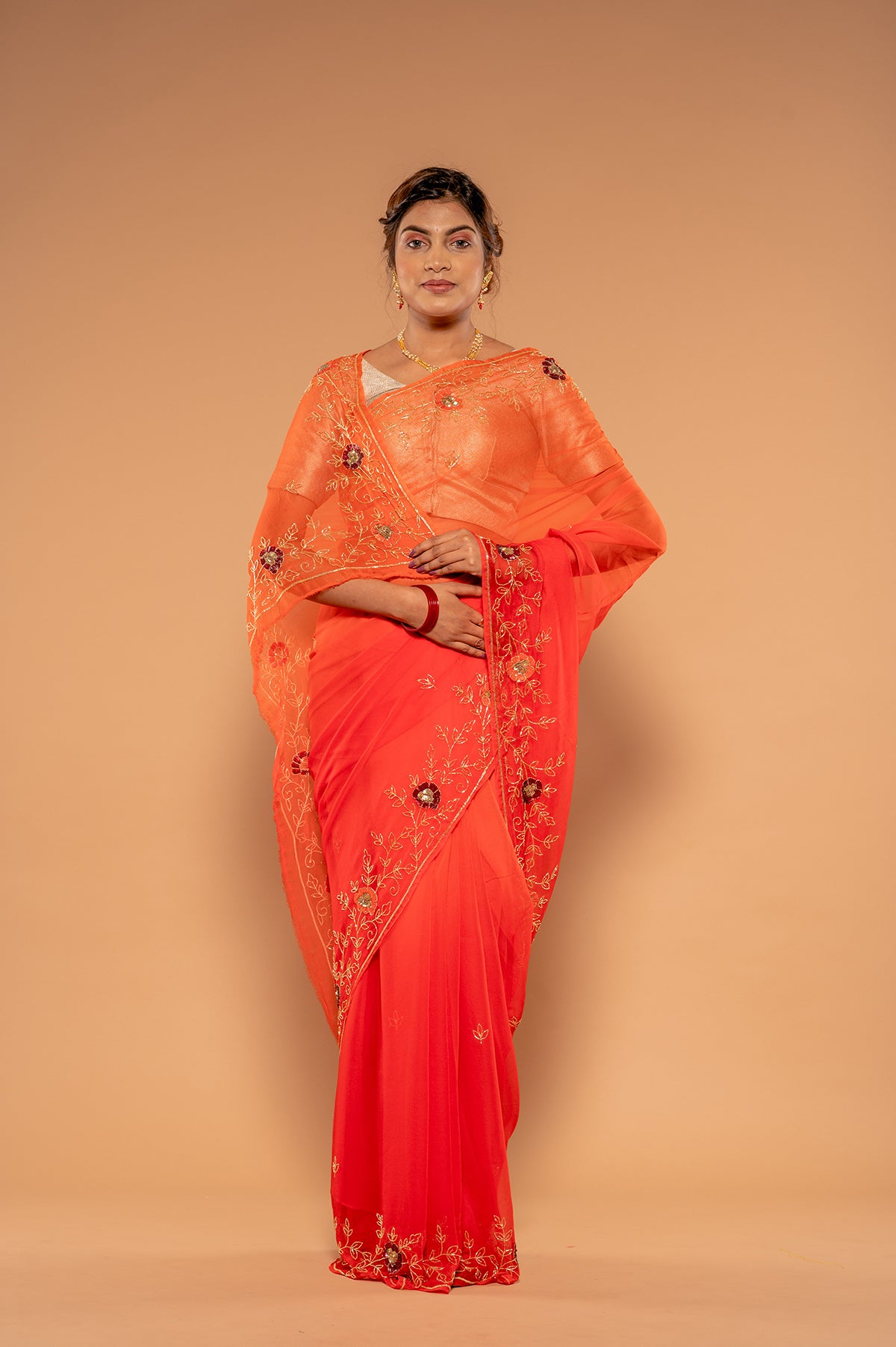 Orange Gajri Viscose Chiffon Kardana sequins Handwork  Saree
