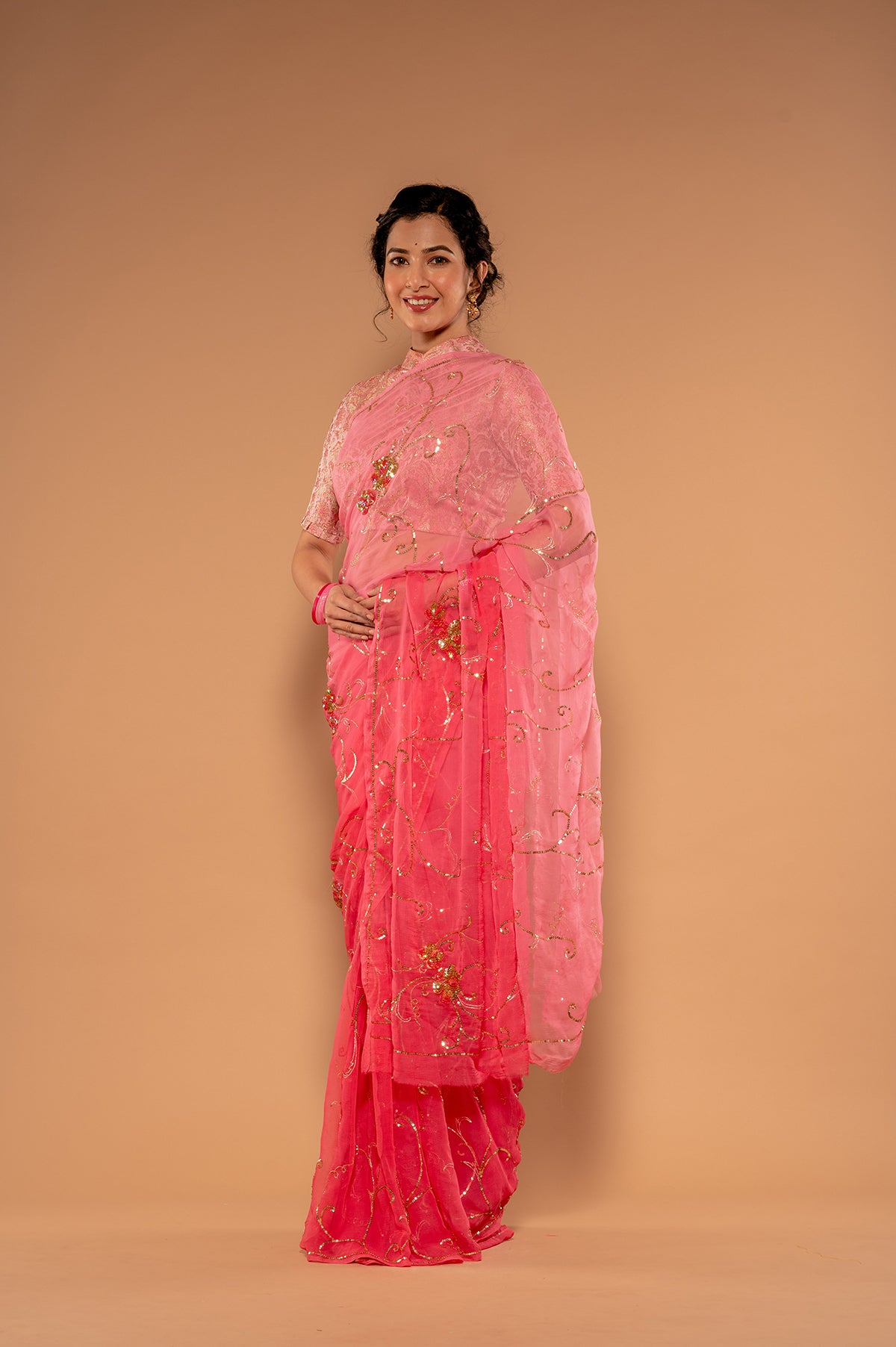 Gajpri Pink Viscose Chiffon Sequnce Jaal with Motif Handwork  Saree