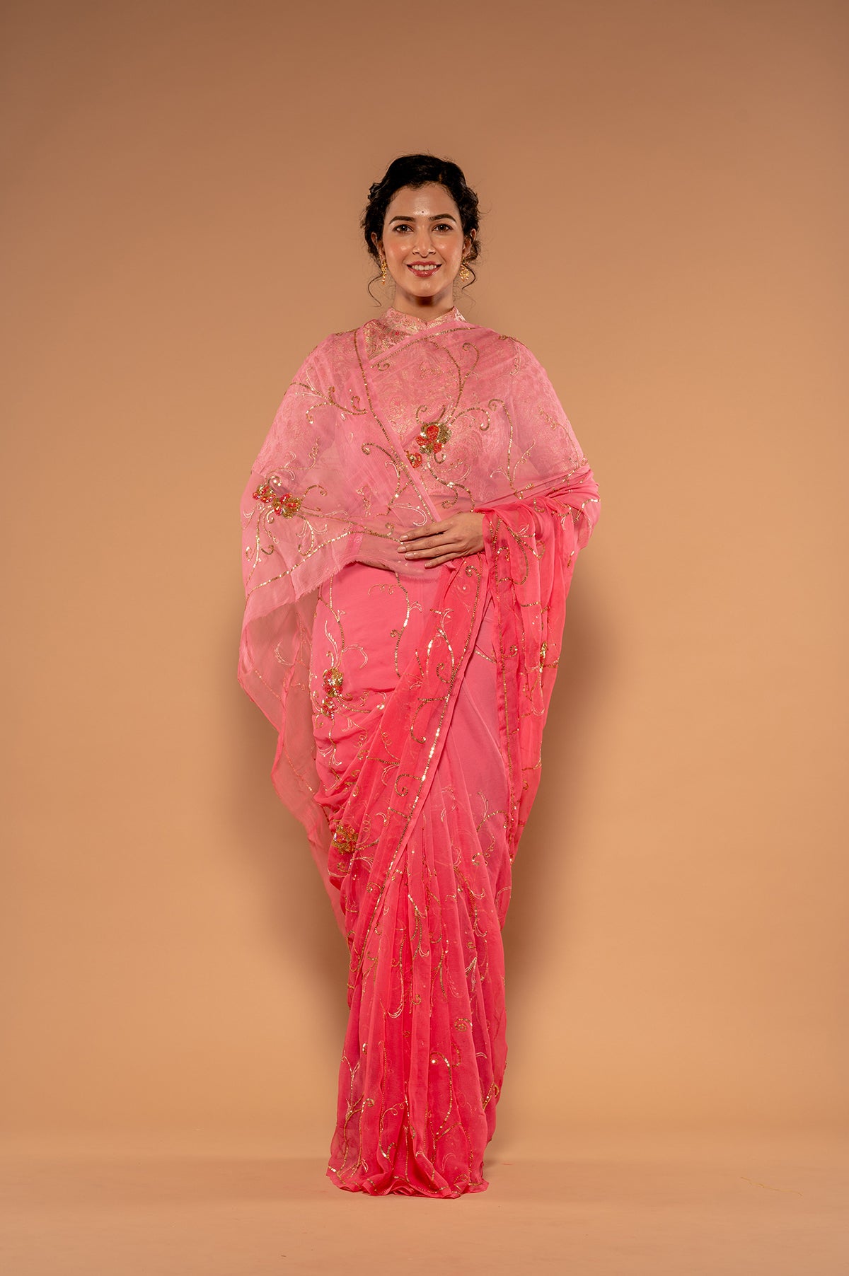 Gajpri Pink Viscose Chiffon Sequnce Jaal with Motif Handwork  Saree