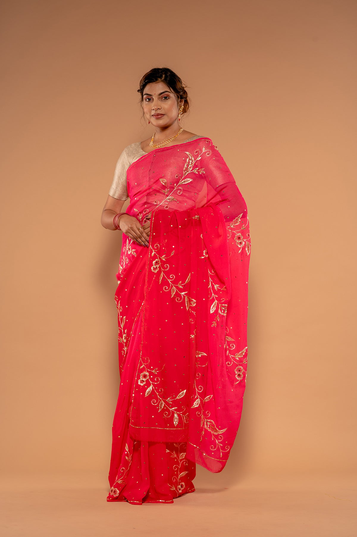 Gajri Pure Chiffon Aari sequins  Chaadi handwork Saree