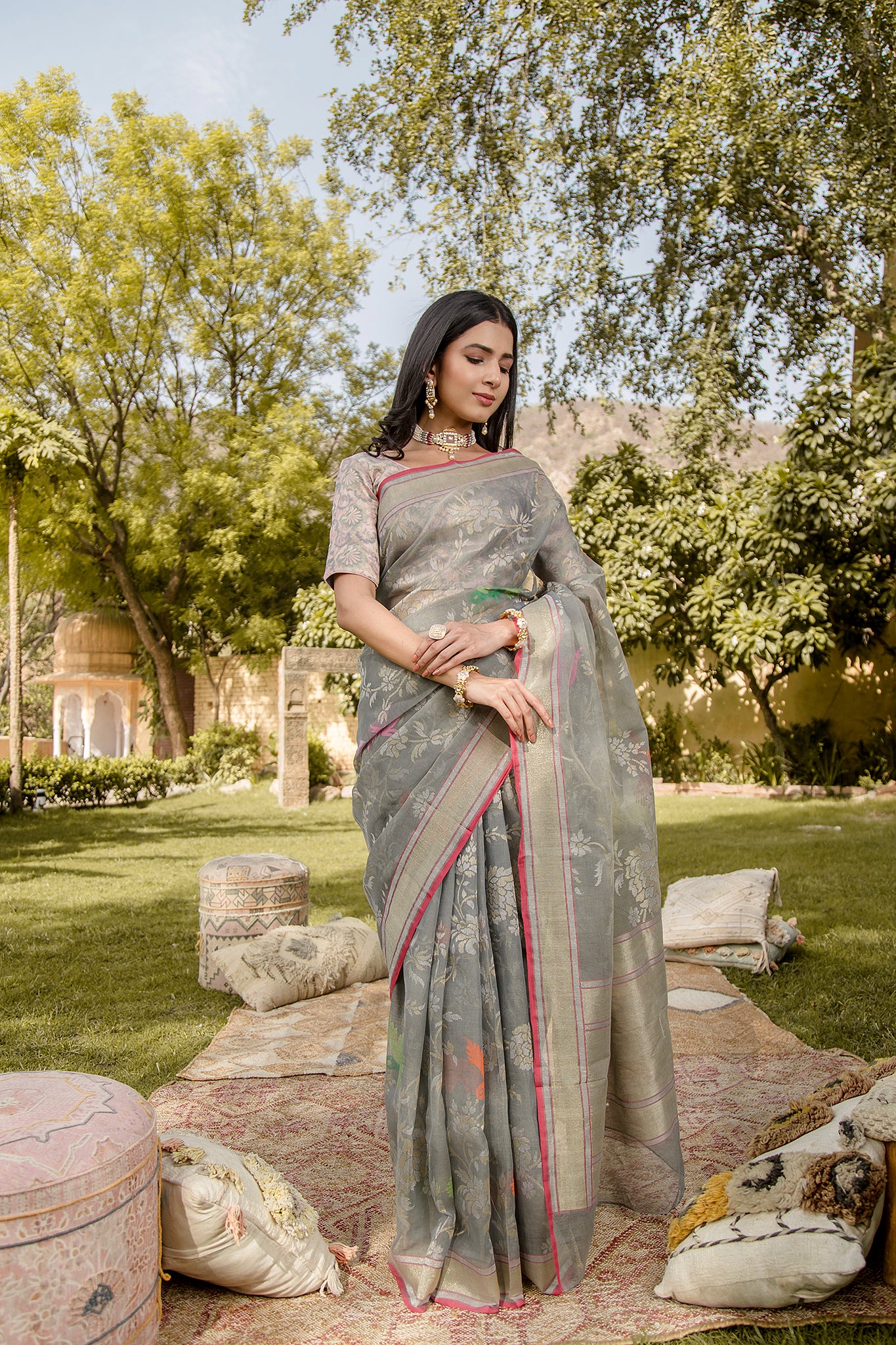 Grey Pure Chanderi Real Silver Zari  Handwork Saree