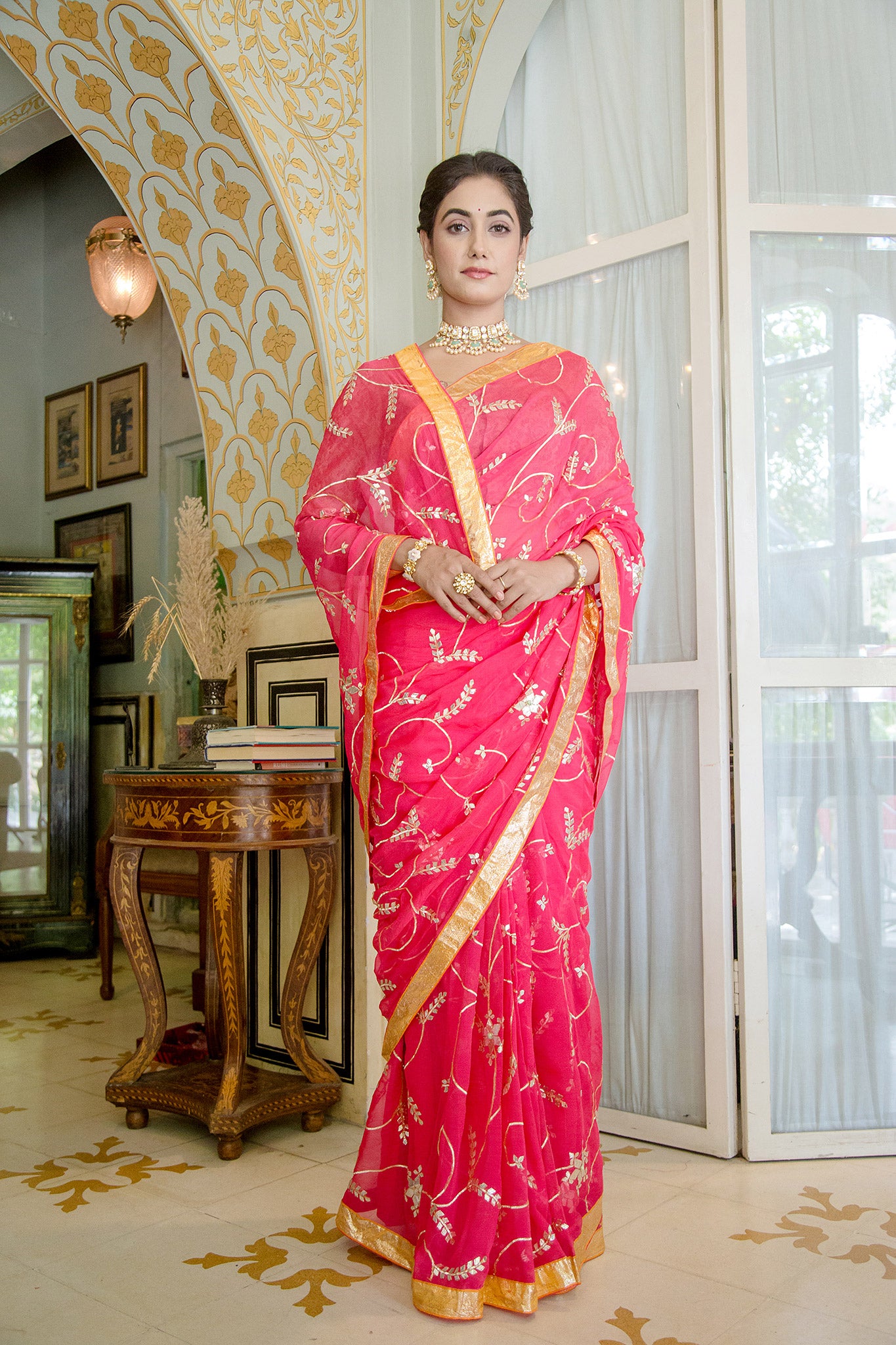 Gajri Pink Pure Chiffon Laffi Shikiya Gotta Jaal Handwork Saree