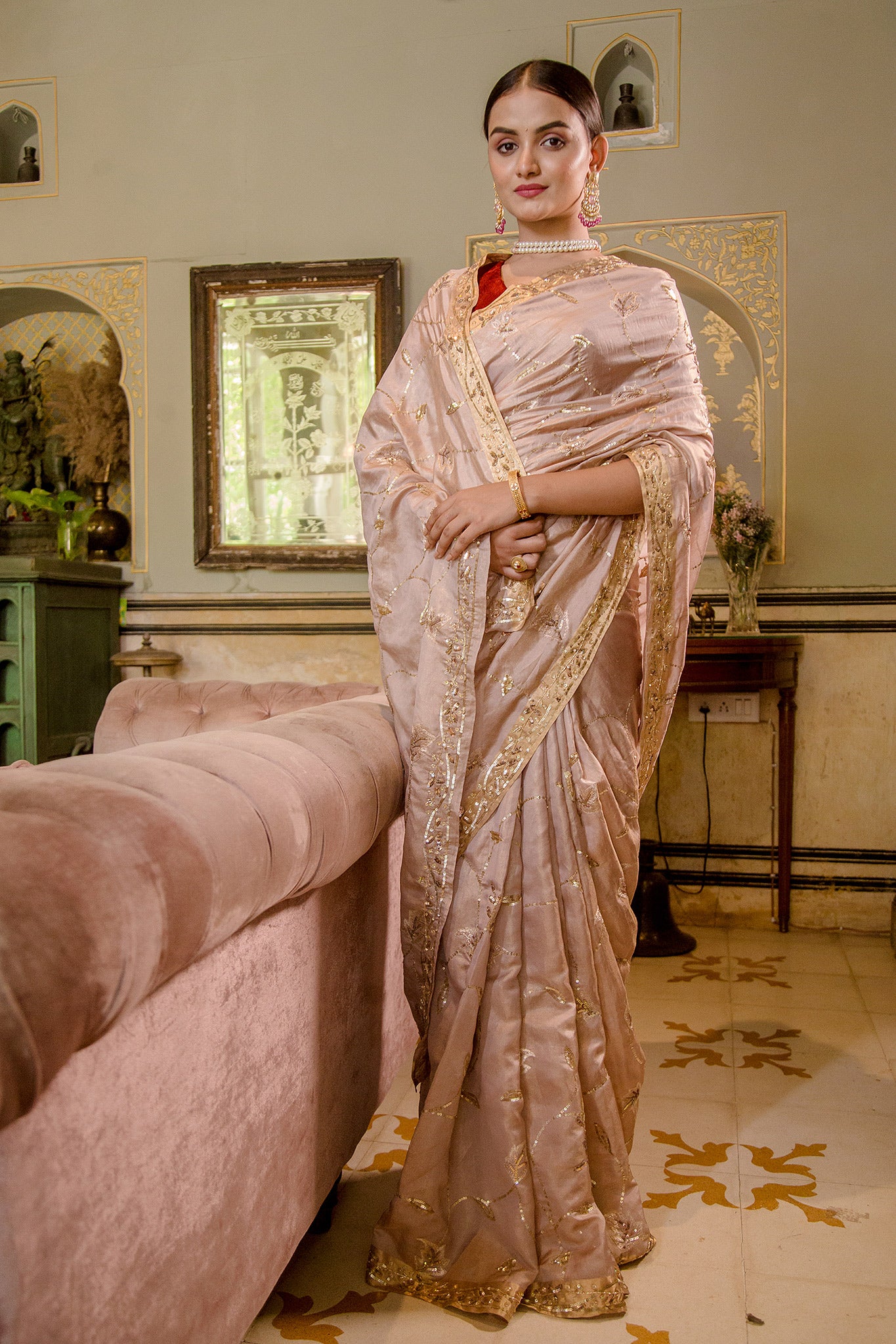 Beige pure tissue sequins  Jaal handwork saree