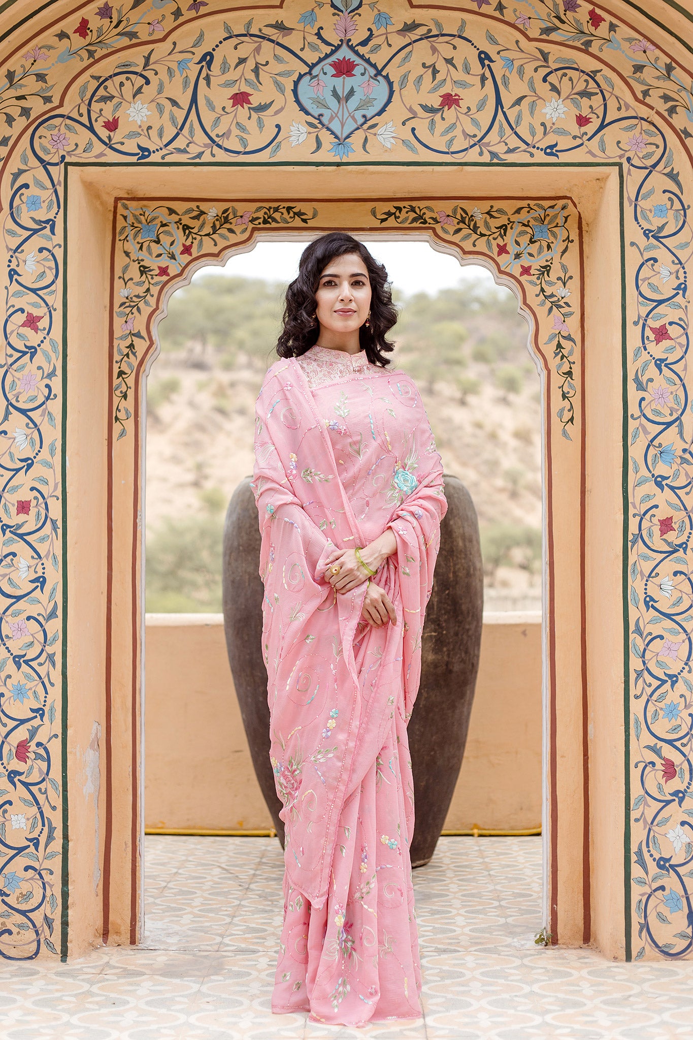 Pink Pure Chiffon resham embroidery jaal handwork saree