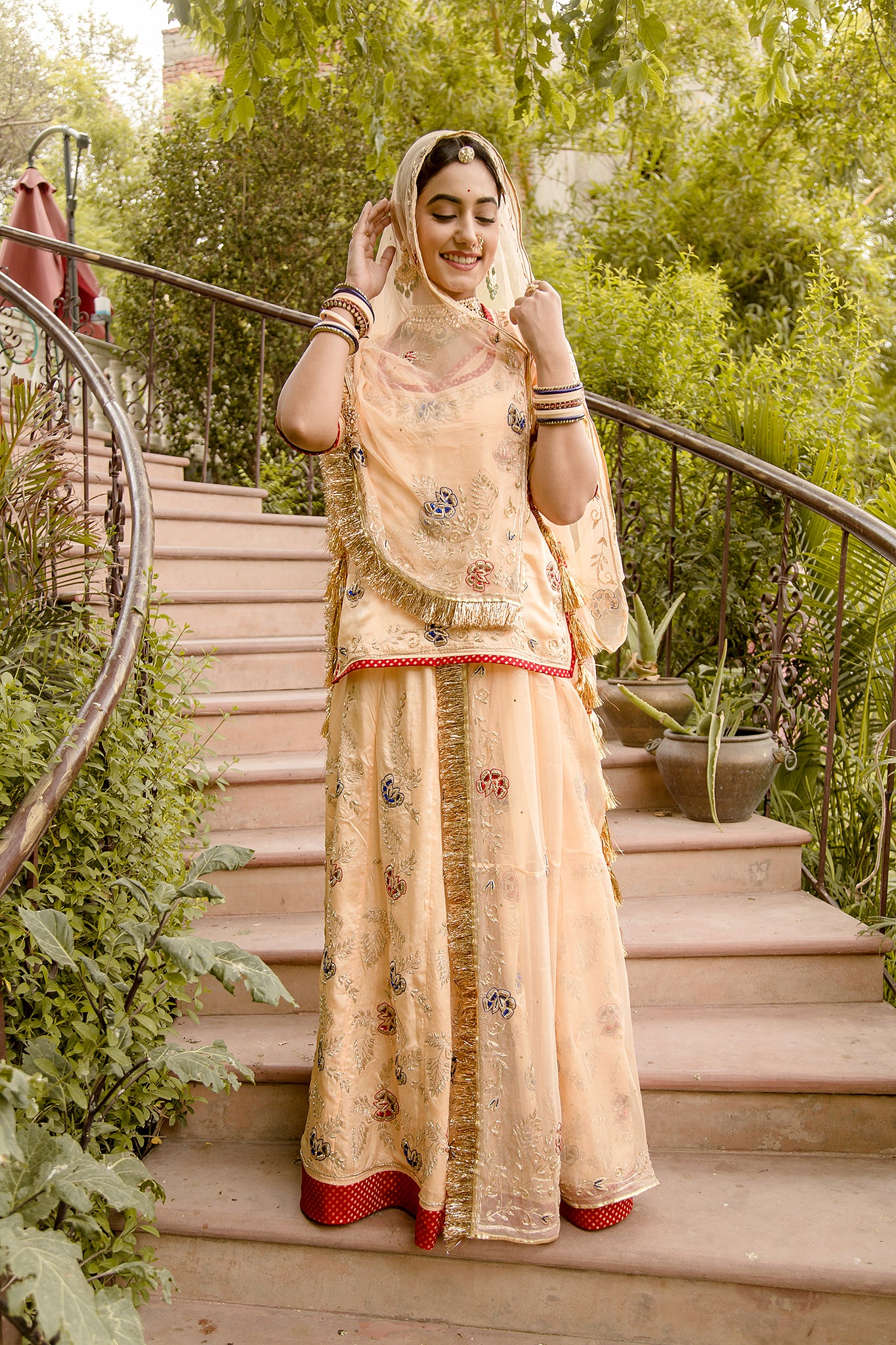 peach bamber satin zardozi jaal handwork poshak with pure odhna