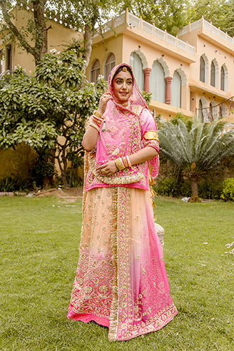 pink peach pure silk Satin zardozi border butti handwork poshak with pure odhna