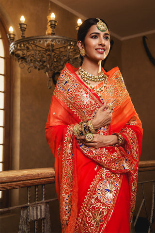 Orange Resham Sikhiya Sequins Saree - Yuvti