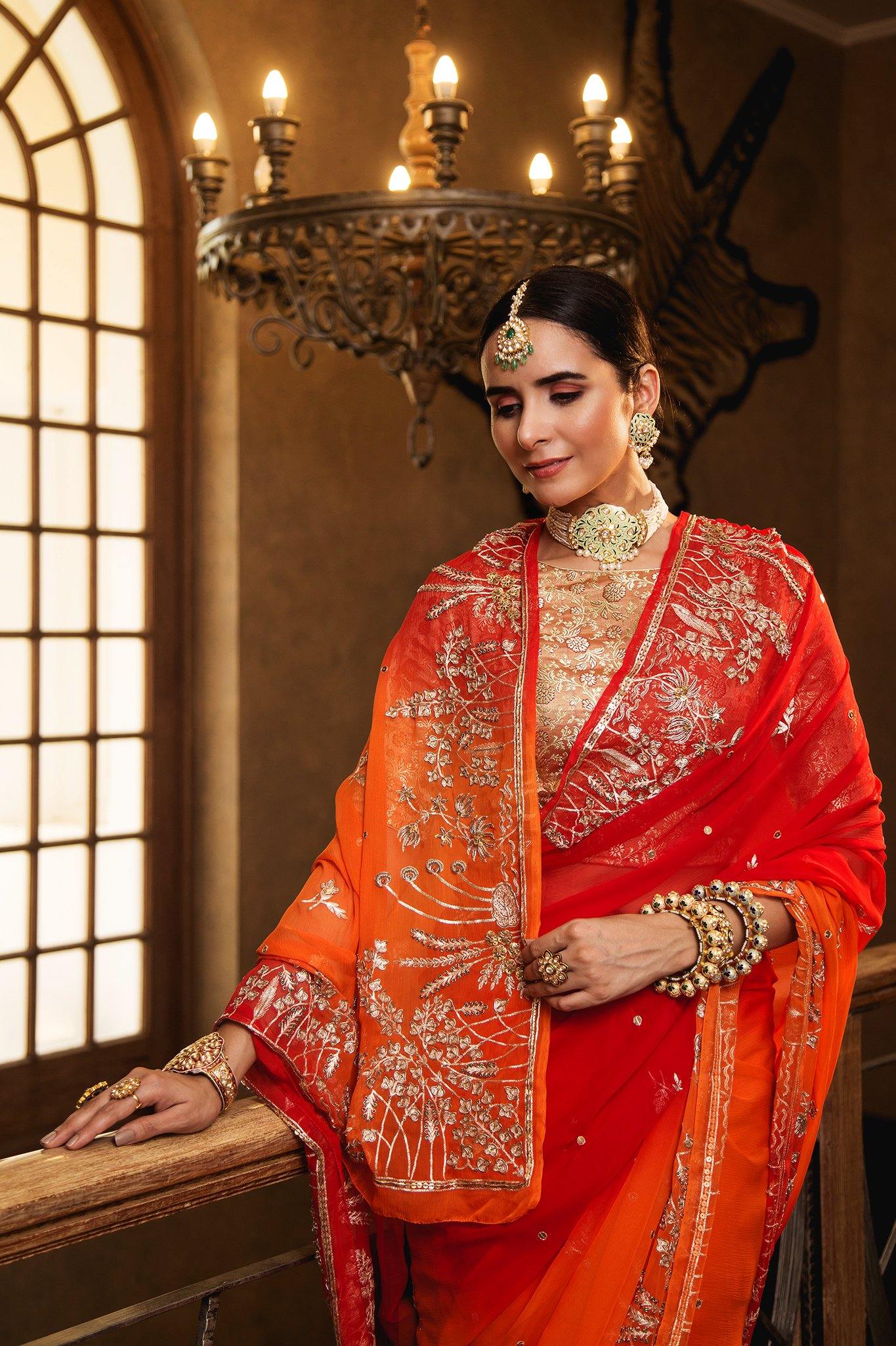 Aari Zardosi Red & Orange Saree - Yuvti