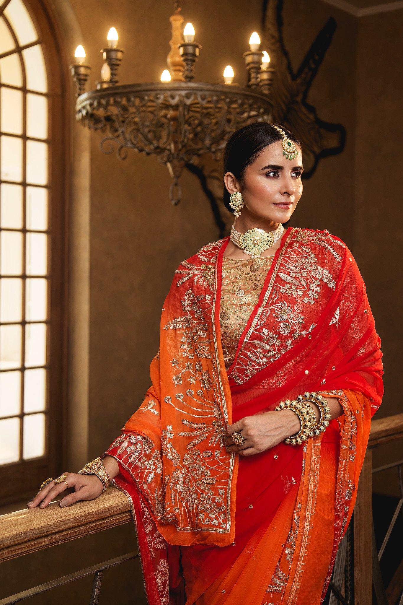 Aari Zardosi Red & Orange Saree - Yuvti