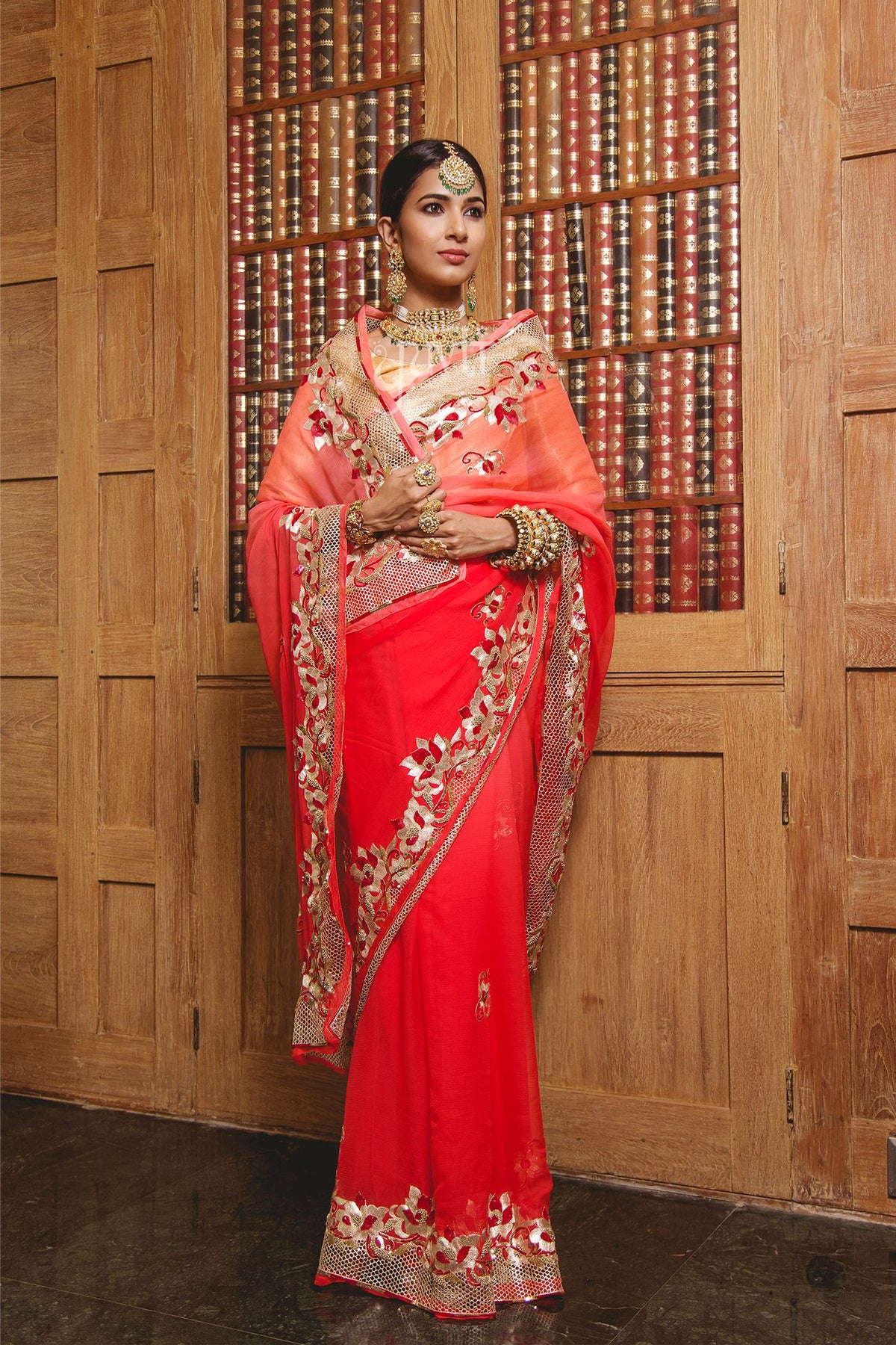 Aari Cut Work & Resham Carrot Red Saree - Yuvti